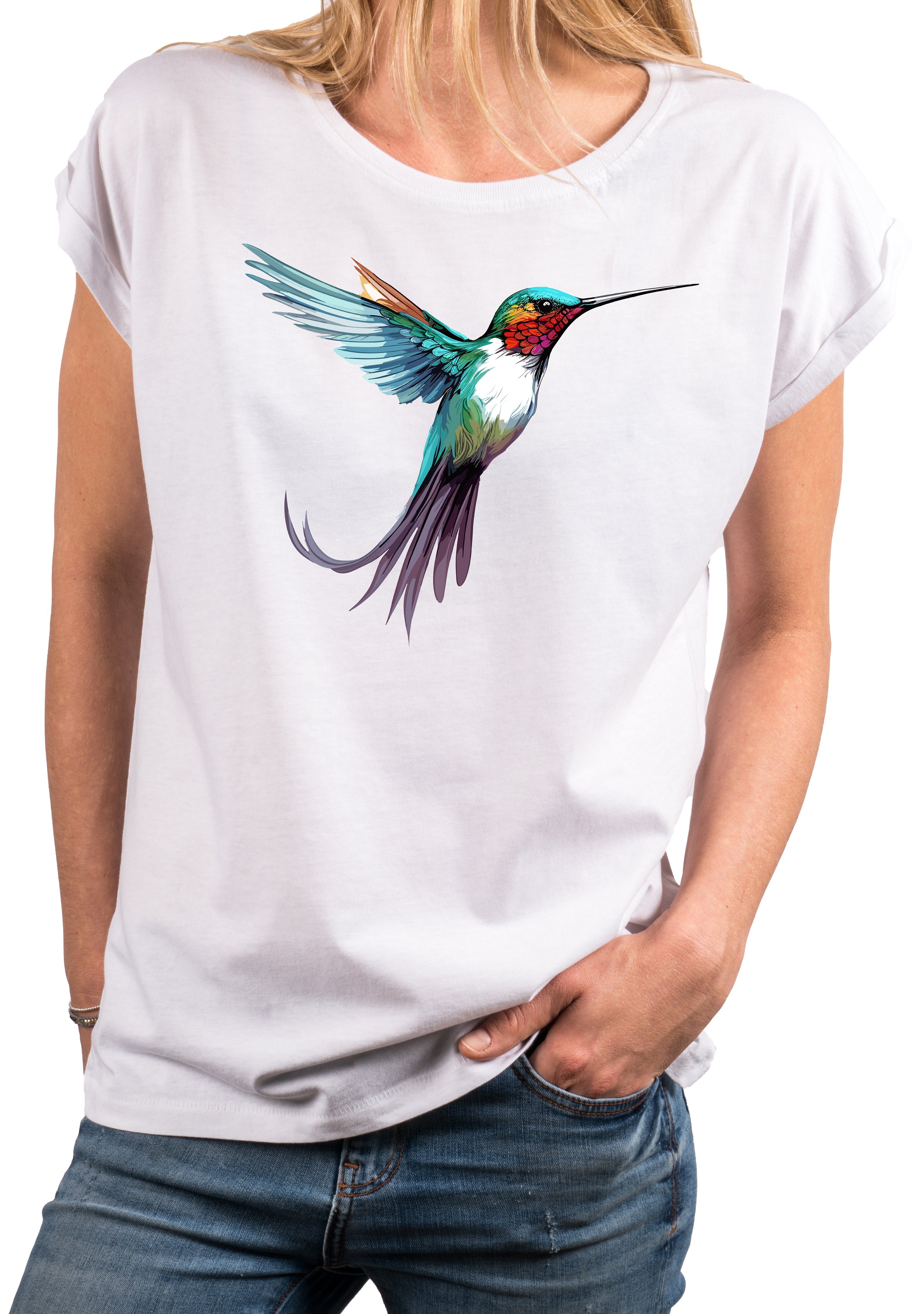 Tunika Top Weiß Vogel Kurzarmshirt Druck Kolibri Größen Sommer Print-Shirt Oversize, Motiv Damen große MAKAYA