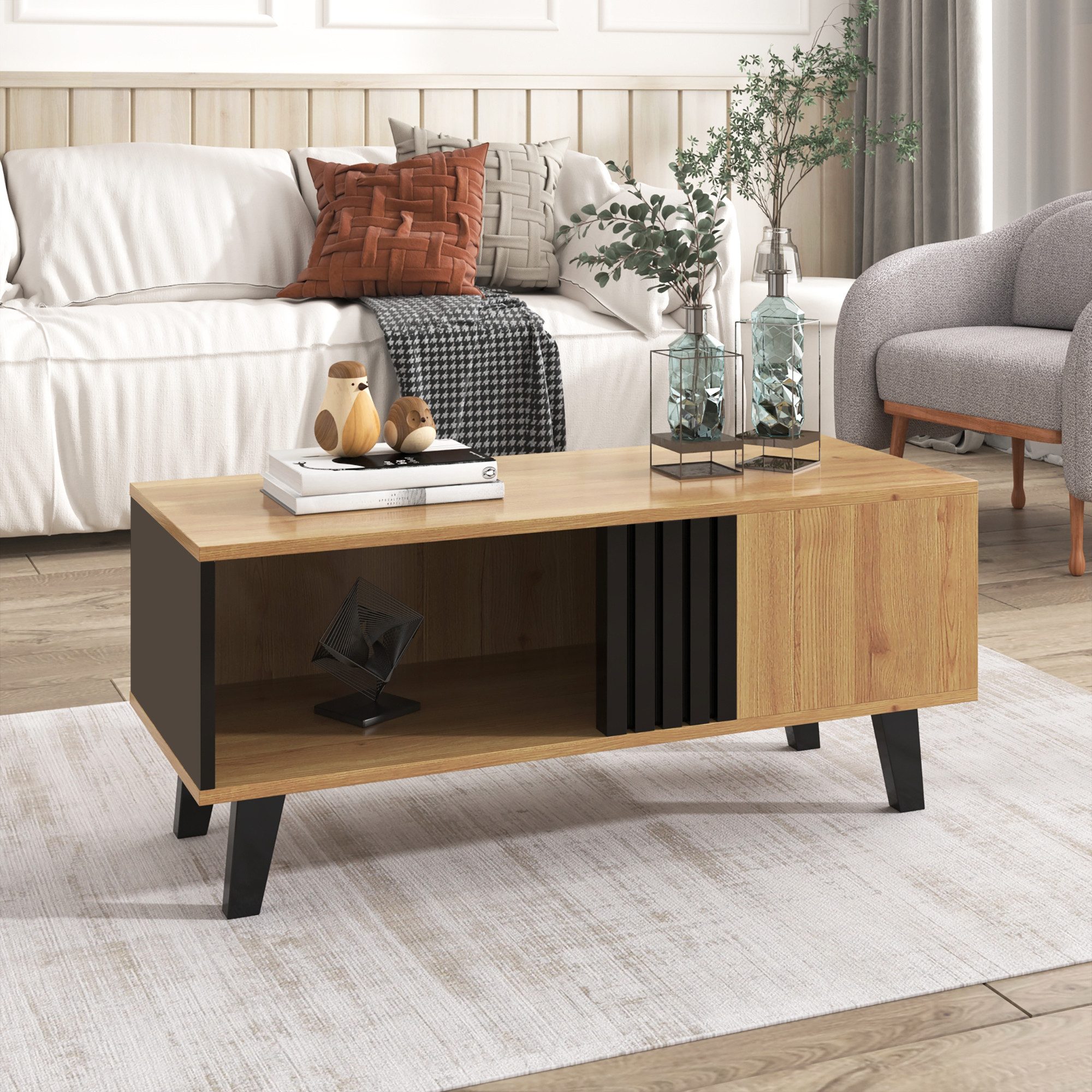 BlingBin Wohnwand, (1er Set, 1-St., Couchtisch im Design aus farbigem Holz und Schwarz, 100 x 60 x 45 cm), Wohnzimmertisch mit Schubladen-Beistelltisch,vielseitiger Aufbewahrung