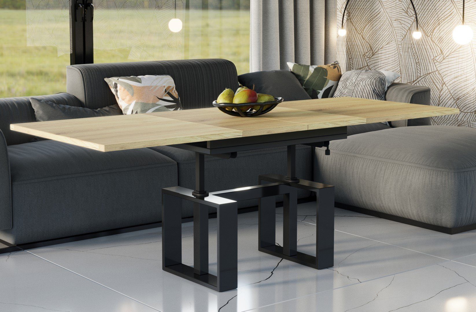 Endo-Moebel Couchtisch Empoli - ausziehbar 110-170cm und höhenverstellbar Doppellift Metall, Couch- & Esstisch, Funktionstisch, modern Design, umwandelbar Natur Eiche