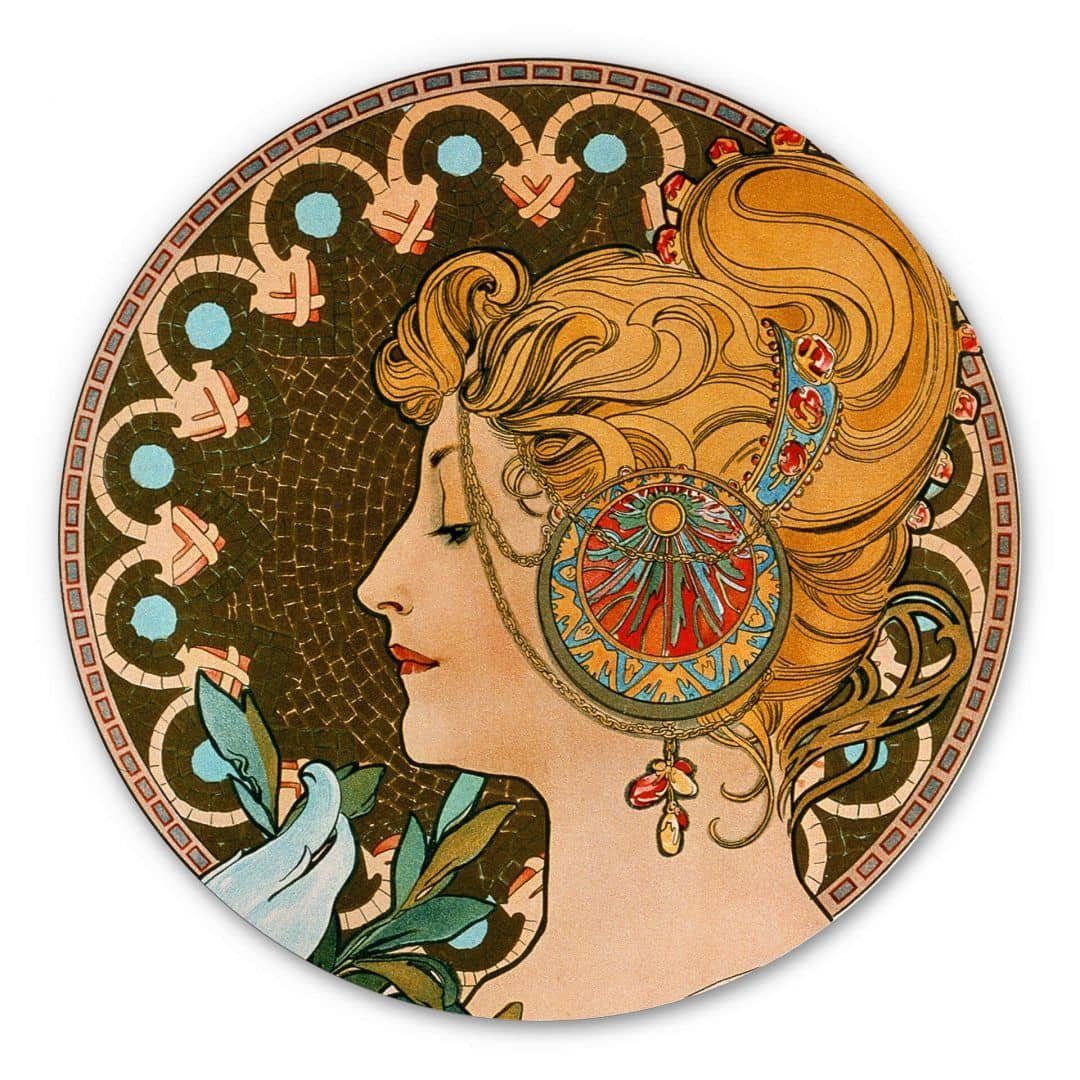 K&L Wall Art Alu-Dibond-Druck Metallbild Rund Feder Mosaik Art Nouveau Deko Portrait Mucha, Metalloptik Wandbild Ø 20cm, Metall Wandbild fürs Wohnzimmer Metallschild inkl. Wandhalterung