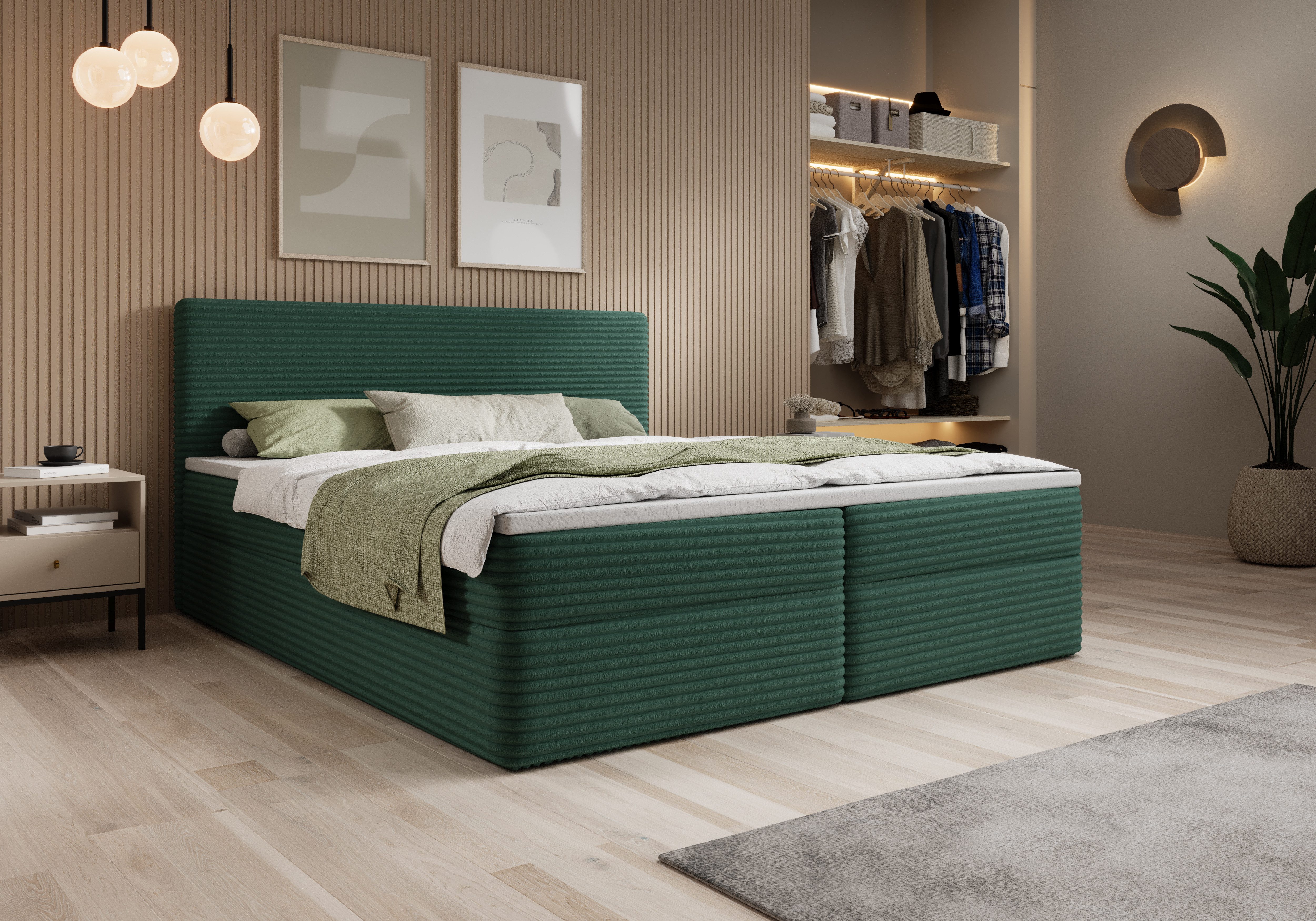 thematys Boxbett mit zwei Bettkasten 140x200–200x200 cm – Cordstoff Bezug – (Polsterbett Bonnellfederkern Matratze H3 + Gratis 3cm Topper, Boxbett - Luxus Doppelbett mit Stauraum)