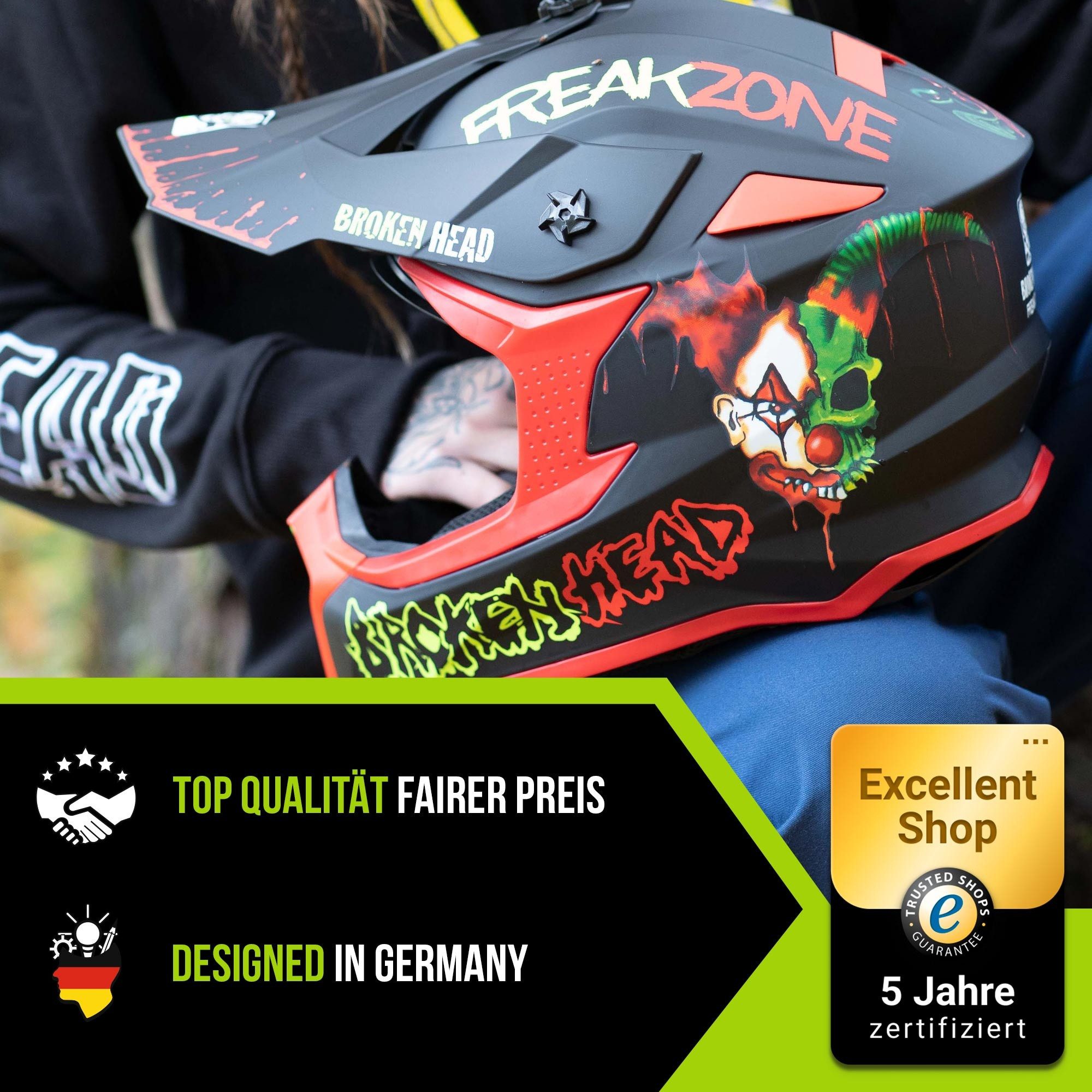 Broken Head Motocrosshelm Broken Head Motocross-Helm FreakZone Schwarz-Rot, Auffälliges Design