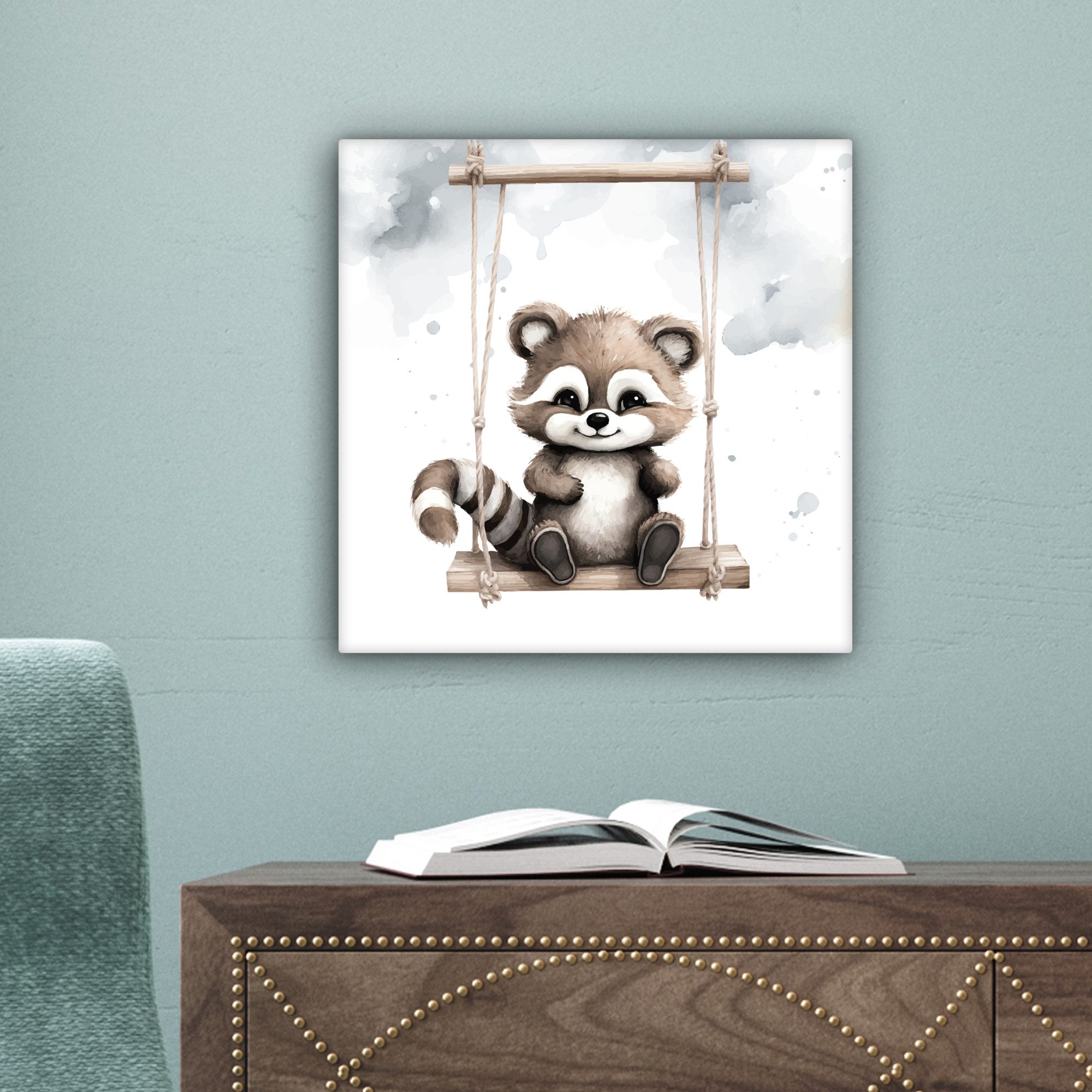 OneMillionCanvasses® Leinwandbild Waschbär - Tier - Kinder, Fotodruck (1 St), Wandbild, Deko Schlafzimmer Wohnzimmer Flur 20x20 cm – Bild 3 von 5
