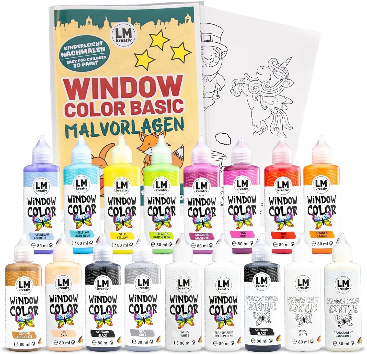LM-Kreativ Bastelfarbe Window Color Set (17 x 80 ml Basic inkl. Konturfarbe & Malvorlagen), XXL-Set, wiederablösbar, inkl. Konturen, Folien & Vorlagenheft