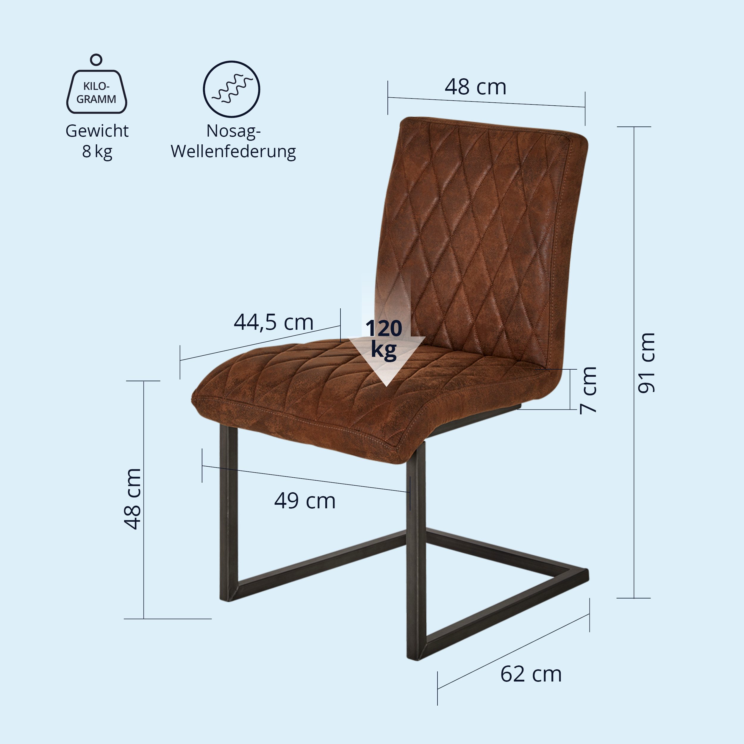 KHG Freischwinger Esszimmerstuhl Mikrofaser Braun, bis 110 kg belastbar, Vintage Stil, gepolstert, Nosag-Wellenfederung, Metallgestell Schwarz
