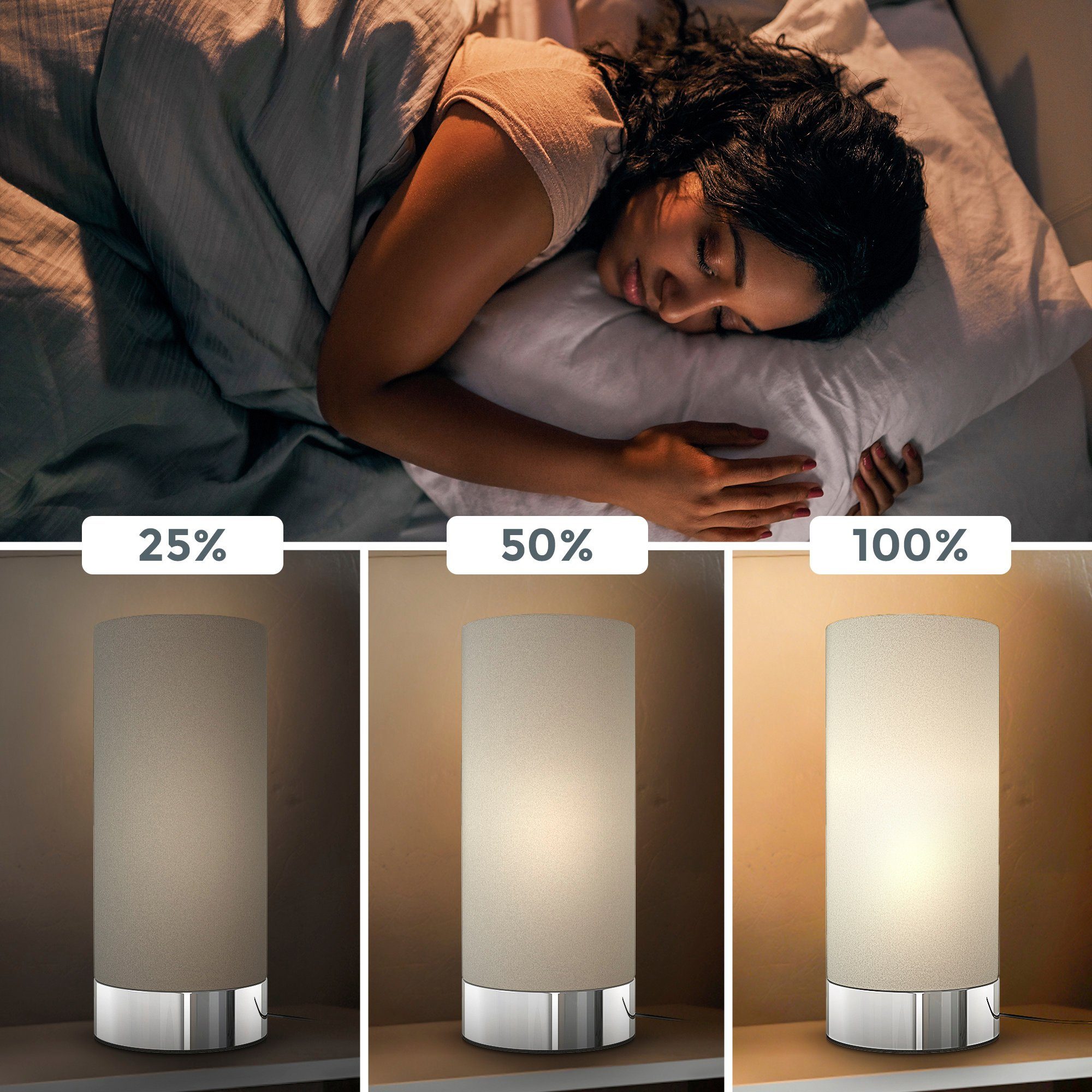 B.K.Licht Tischleuchte BK_TL1438 Tischlampe, mit Stoffschrim, Taupe, Dimmbar, Touchfunktion, ohne Leuchtmittel, E14, ohne Leuchtmittel (max. 40W), 150 cm Kabel, – Bild 3 von 5