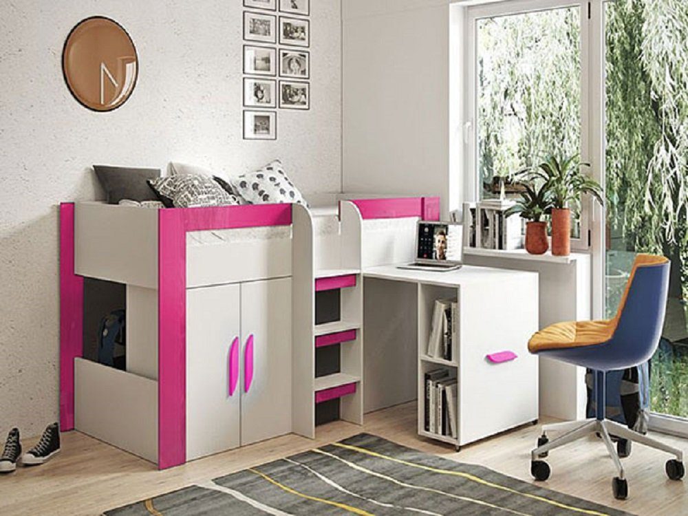 Feldmann-Wohnen Hochbett TABLET (Etagenbett mit Kleiderschrank und Schreibtisch) Farbe wählbar weiß / pink Hochglanz - Griffe pink