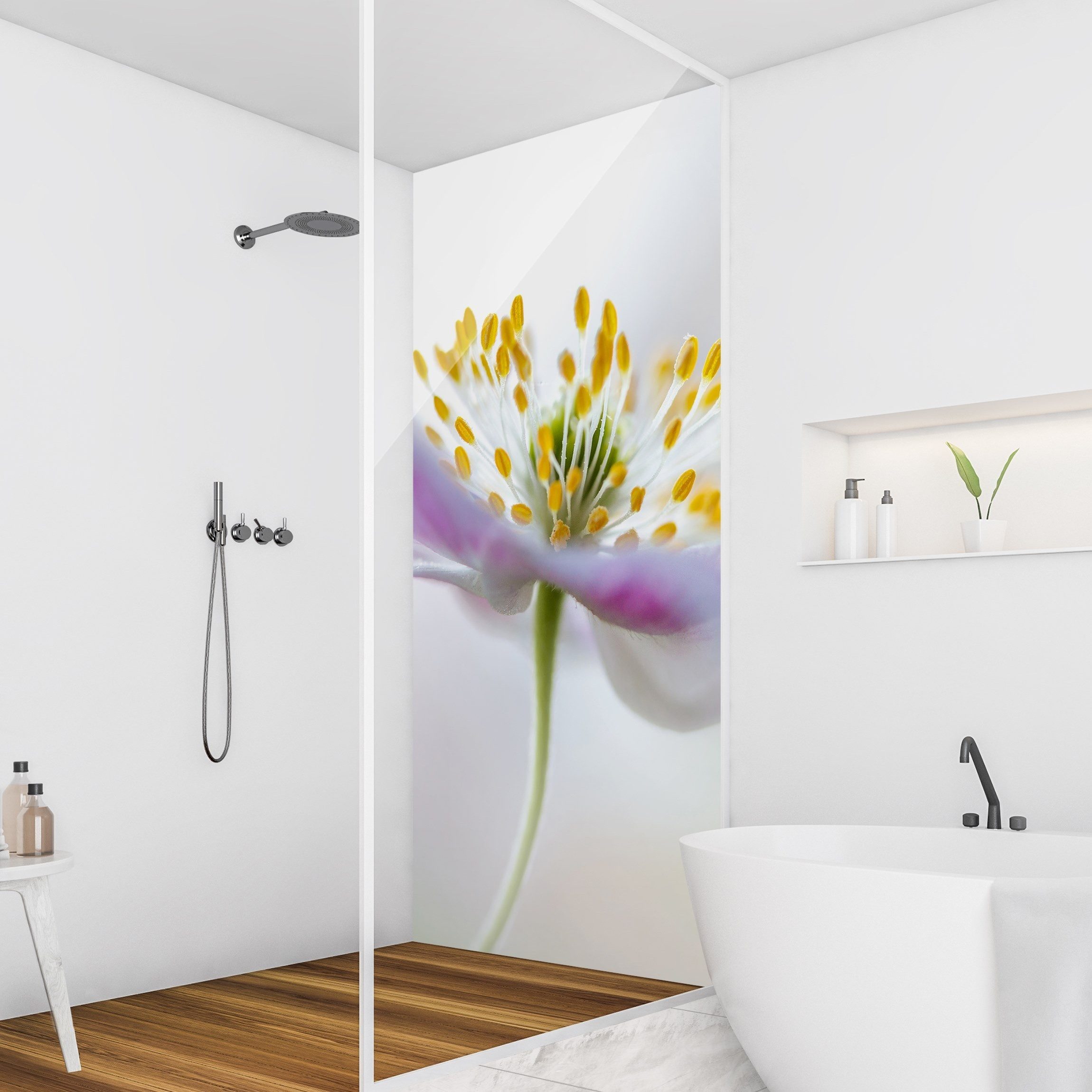 Bilderdepot24 Duschrückwand Blumen rosa Duschrückwand ohne Bohren Dusche Fliesenersatz, (1-tlg., 0,61 mm starke Folie selbstklebend Wandpaneele Dusche versch. Größen), fugenlose & wasserfeste Motiv Rückwand Wandverkleidung für Duschkabine