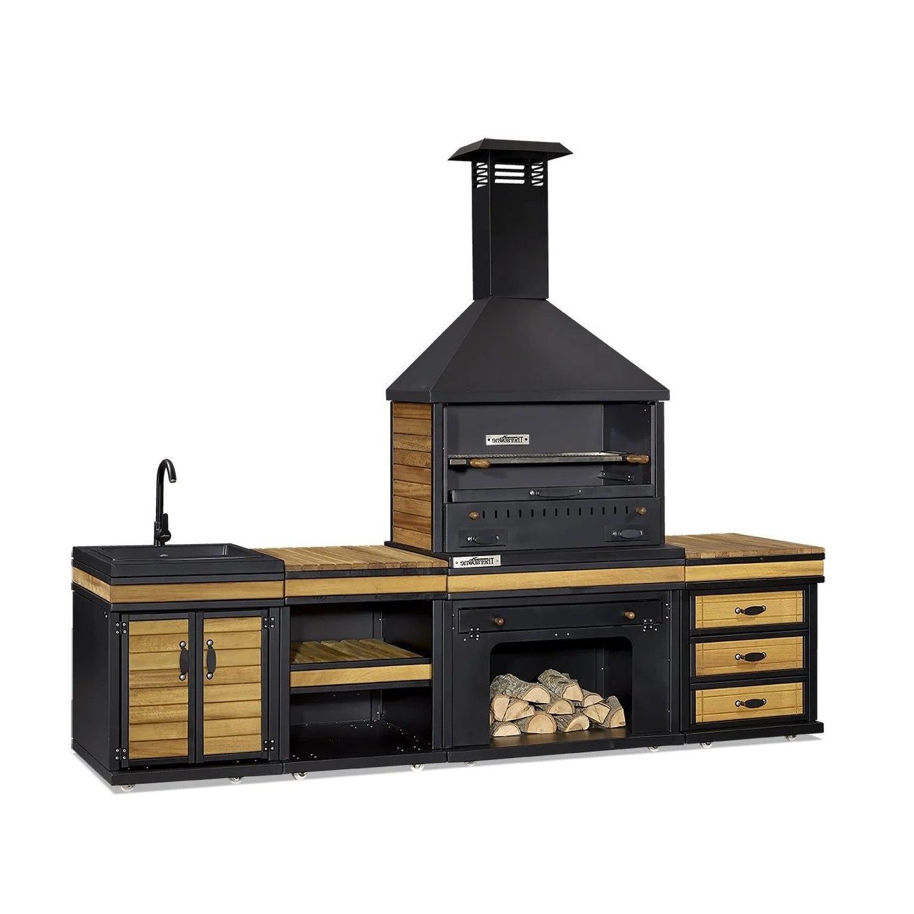 Xlmoebel Outdoor-Küche XLMOEBEL Außenküche Schwarz Holz Edelstahl modern robust, Made in Europa