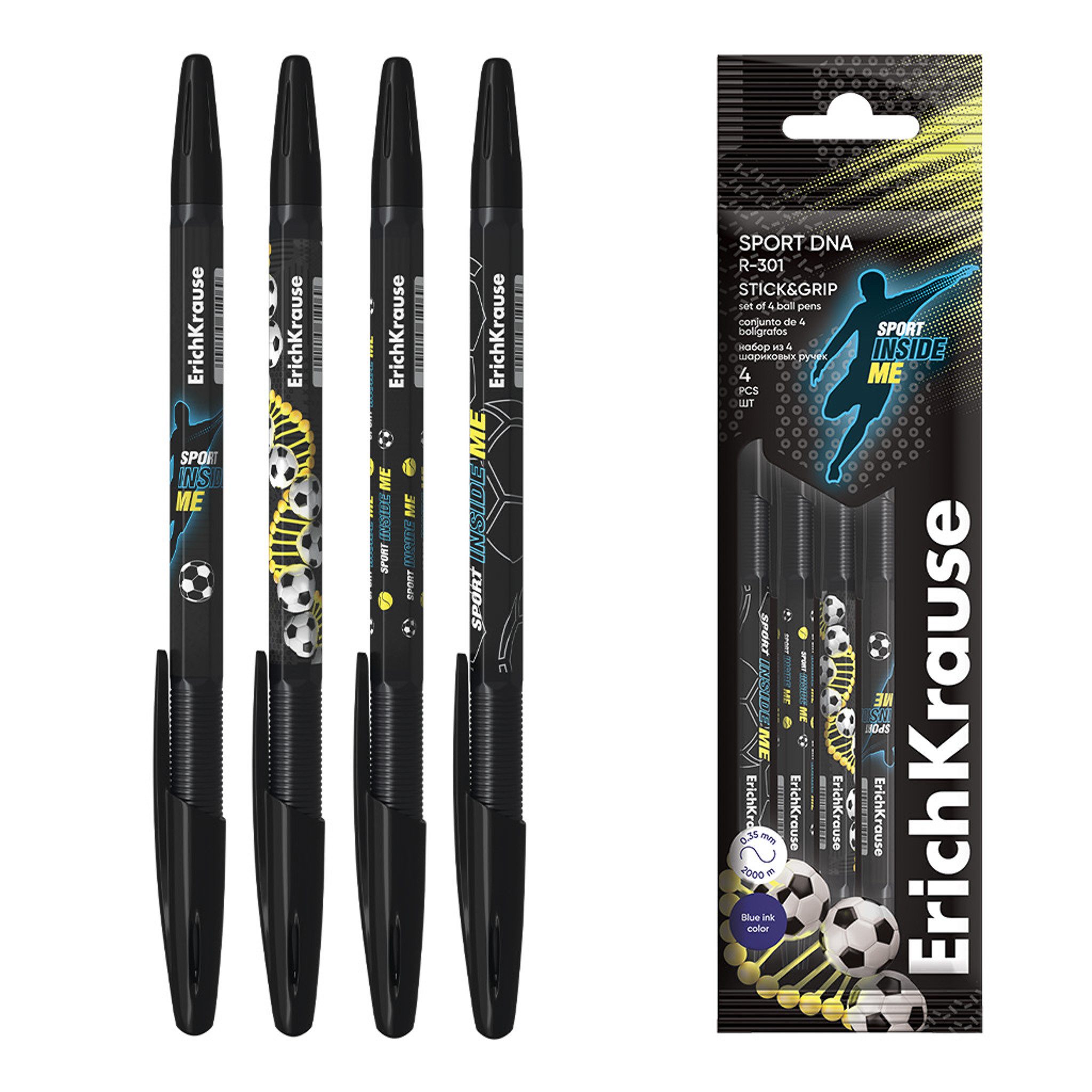 Erich Krause Kugelschreiber, Kugelschreiber R-301 Fußball Motiv 0,7mm 4er Set Blau