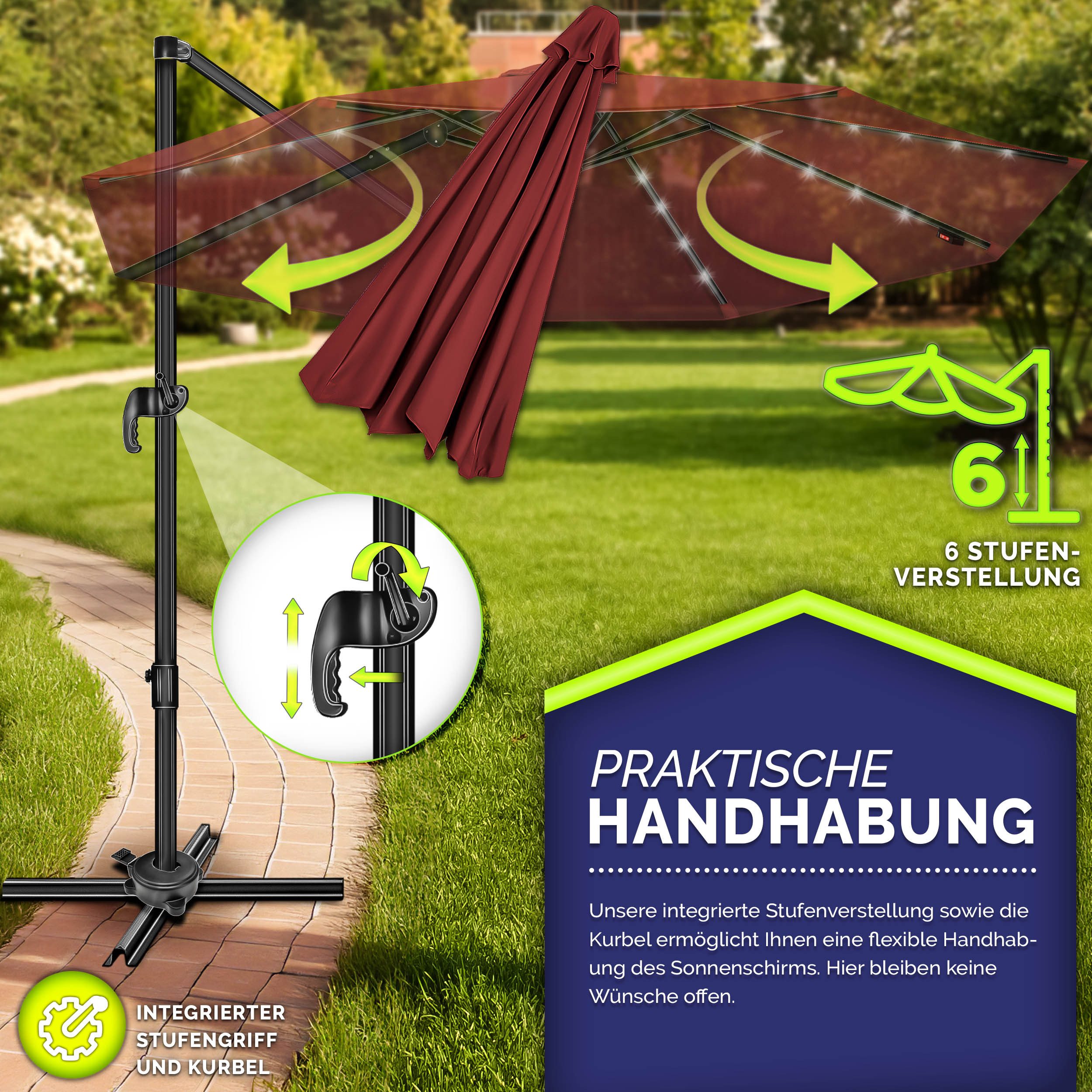 tillvex Sonnenschirm tillvex® LED Premium Alu Sonnenschirm 330 cm + Abdeckung & Windsicheru, Premium-Series, inkl. Regenabdeckung, Ampelschirm 6-fach Verstellbar mit Kurbel