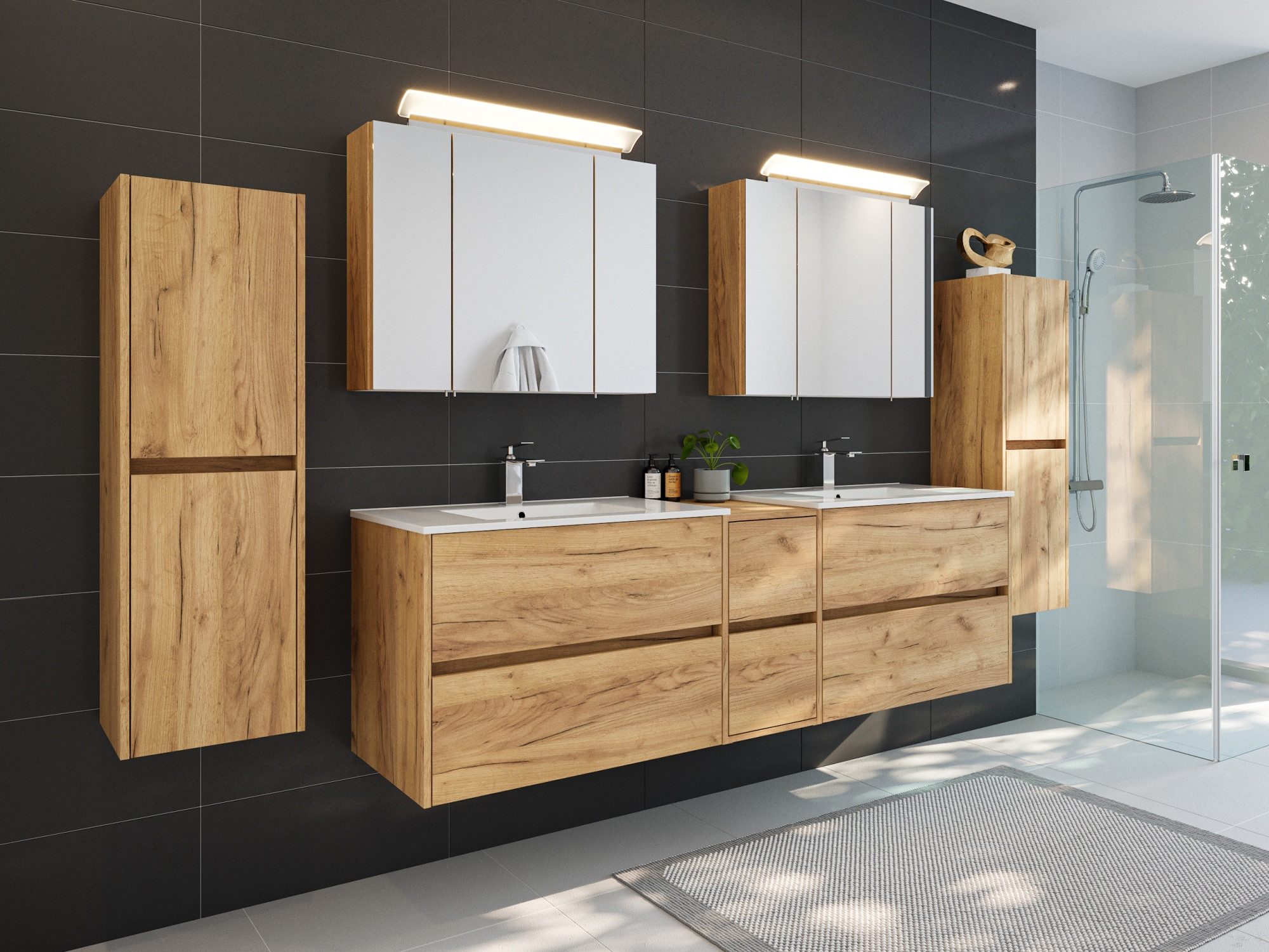 Magnolia Home Waschtisch Badmöbelset Taifun 190cm 5tlg mit 2x Spiegelschrank & 2x Seitenschrank