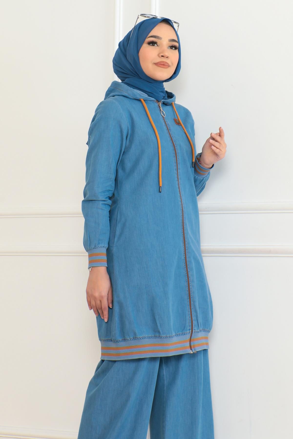 MODAMİHRAM Blusentop Dunkelblaues Reißverschluss-Ripp-Denim-Set - 19363 günstig online kaufen