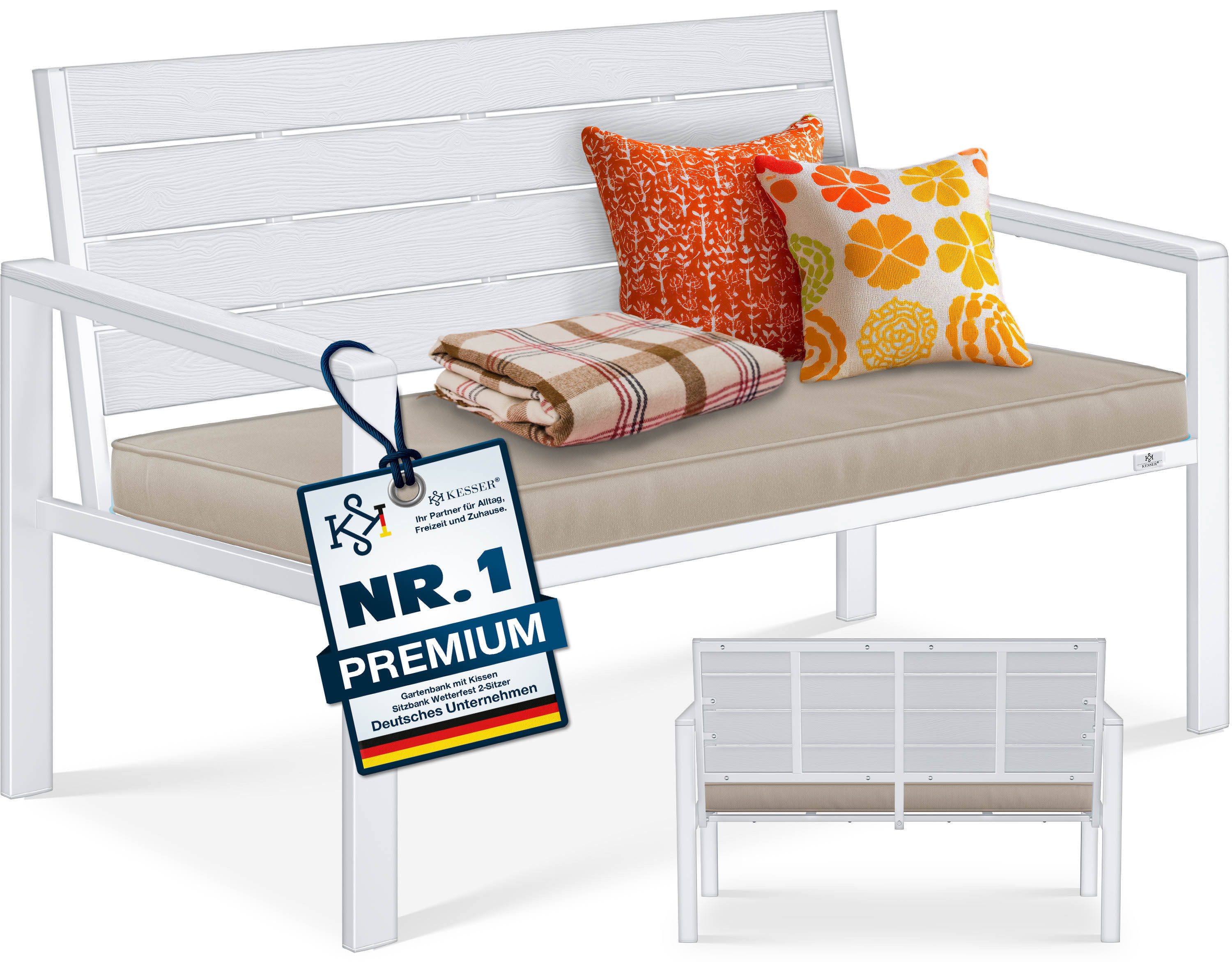 KESSER Gartenbank 2-Sitzer Balkonbank in Holzoptik bis 300 kg belastbar (Parkbank inkl. abnehmbarem & waschbarem Sitzpolster & Montagezubehör), UV-beständige Sitzbank für Garten, Terrasse & Balkon