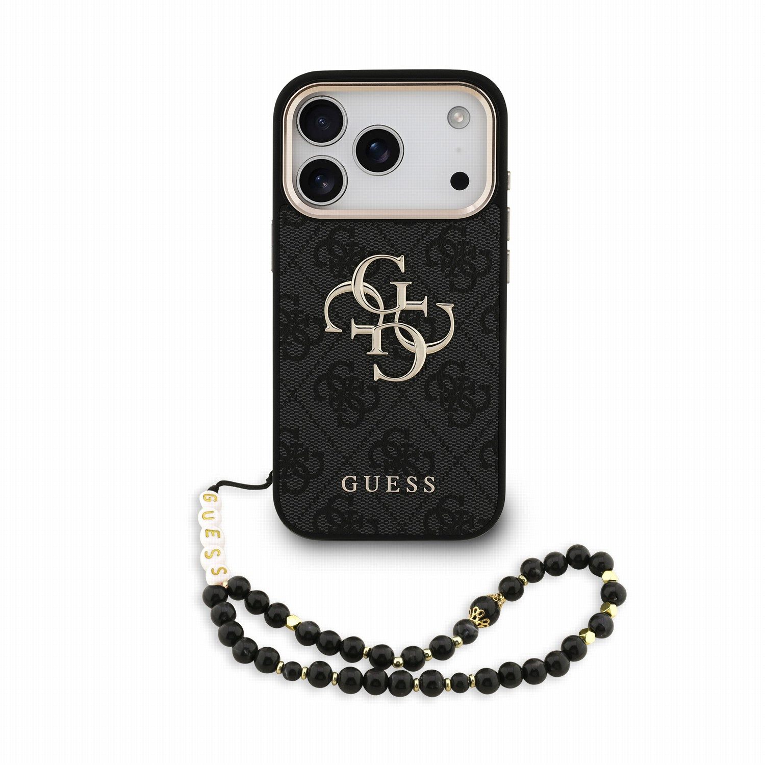 Guess Handyhülle Big Logo 18 Pro mit Kette Kunstleder rosa grau braun 6,3 Zoll, Kantenschutz