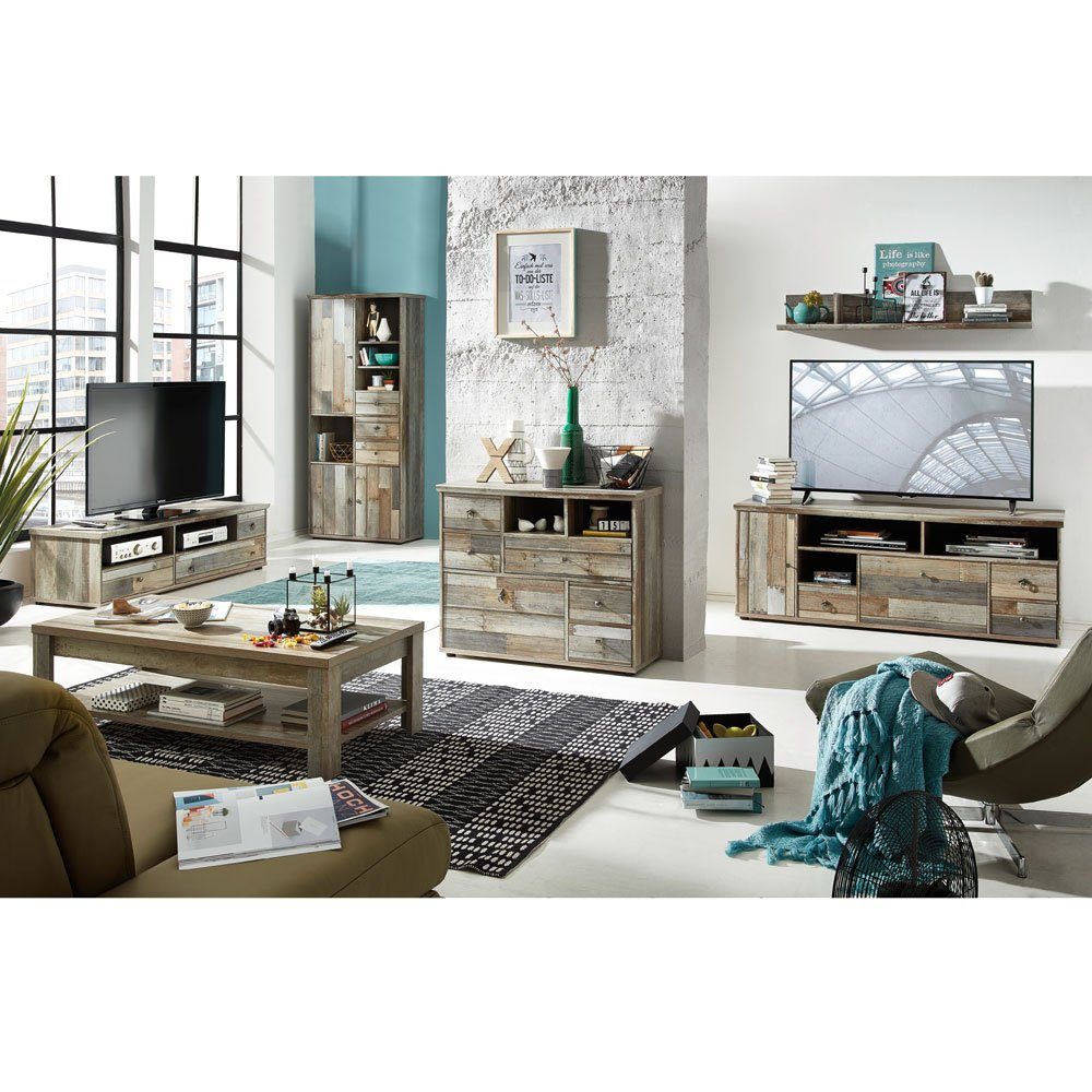 Lomadox Wohnwand BRANSON-36, (6-St., 6-tlg), Wohnzimmer Komplett Set Driftwood braun Industrial Design