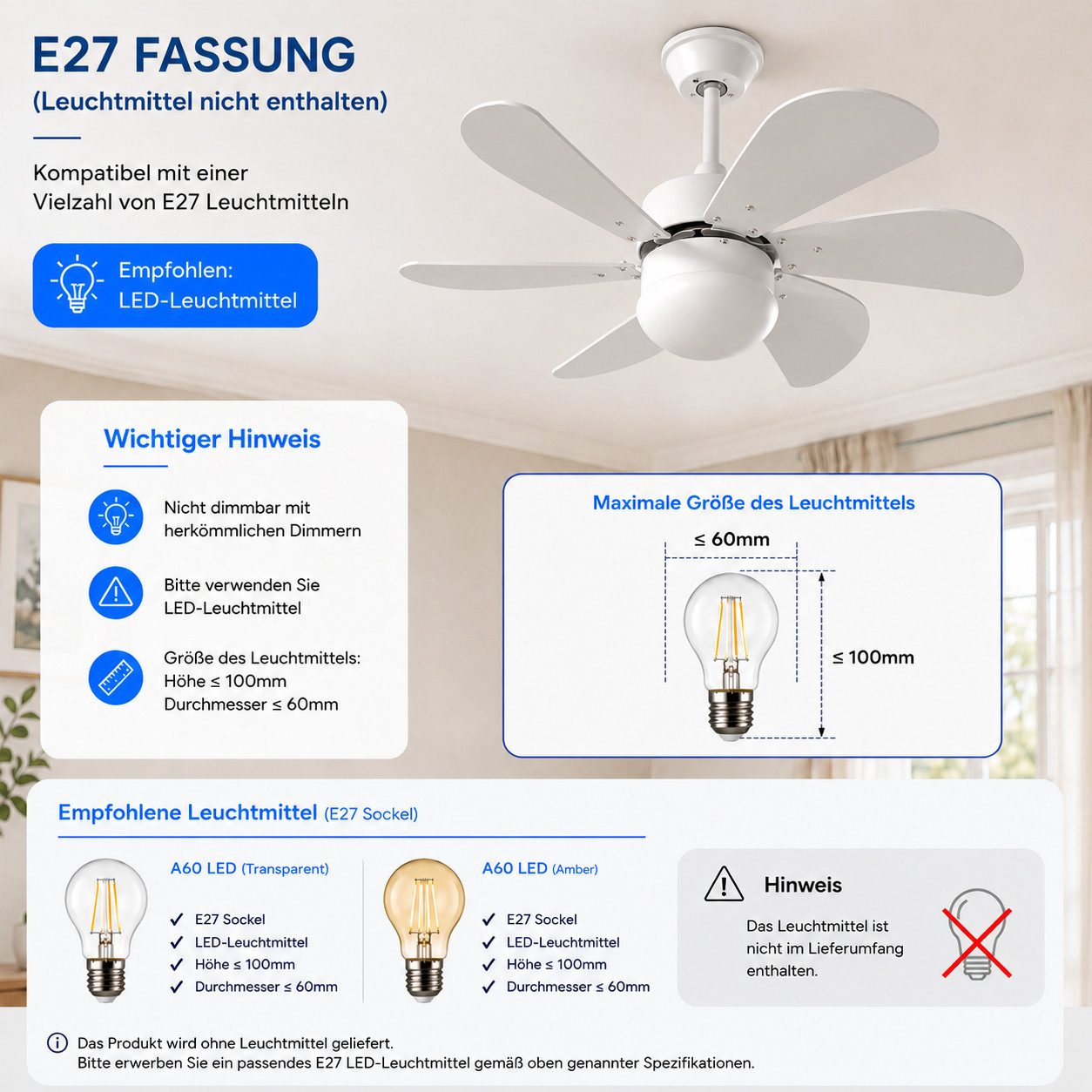Nettlife Deckenventilator Leise Weiß 75cm 6 Flügel Deckenleuchte Timer Sommer/Winter Modus, Wohnzimmer Schlafzimmer Küche Esszimmer Kinderzimmer Arbeitszimmer