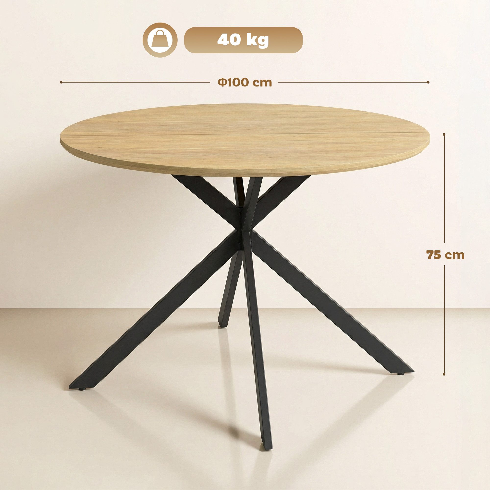 HOMCOM Esstisch Küchentisch im Industriestil mit Stahlbeinen für 4 Personen (für Esszimmer, Küche, Wohnzimmer, 1-St., rund, 100 x 100 x 75 cm), Eiche