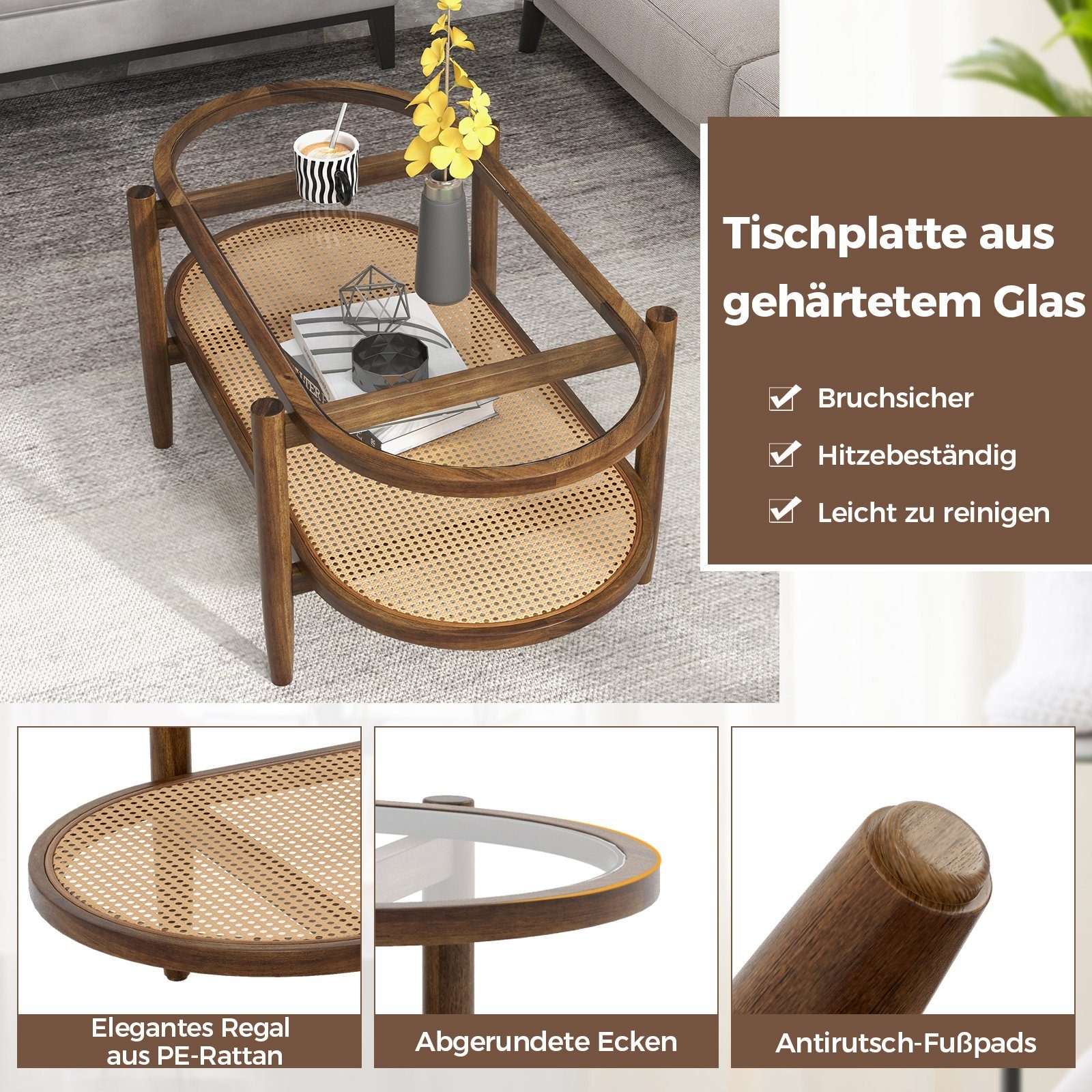 COSTWAY Couchtisch, Glas, Rattan, Holz Sofatisch mit Stauraum, 102x56x47cm