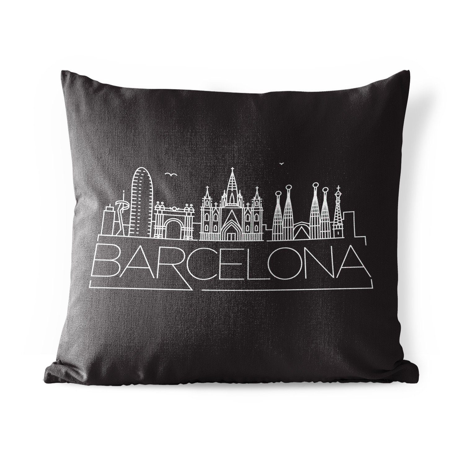 MuchoWow Dekokissen Skyline "Barcelona" weiß auf schwarz, Kissenbezüge, Kissenhülle, Dekokissen, Dekokissenbezug, Outdoor