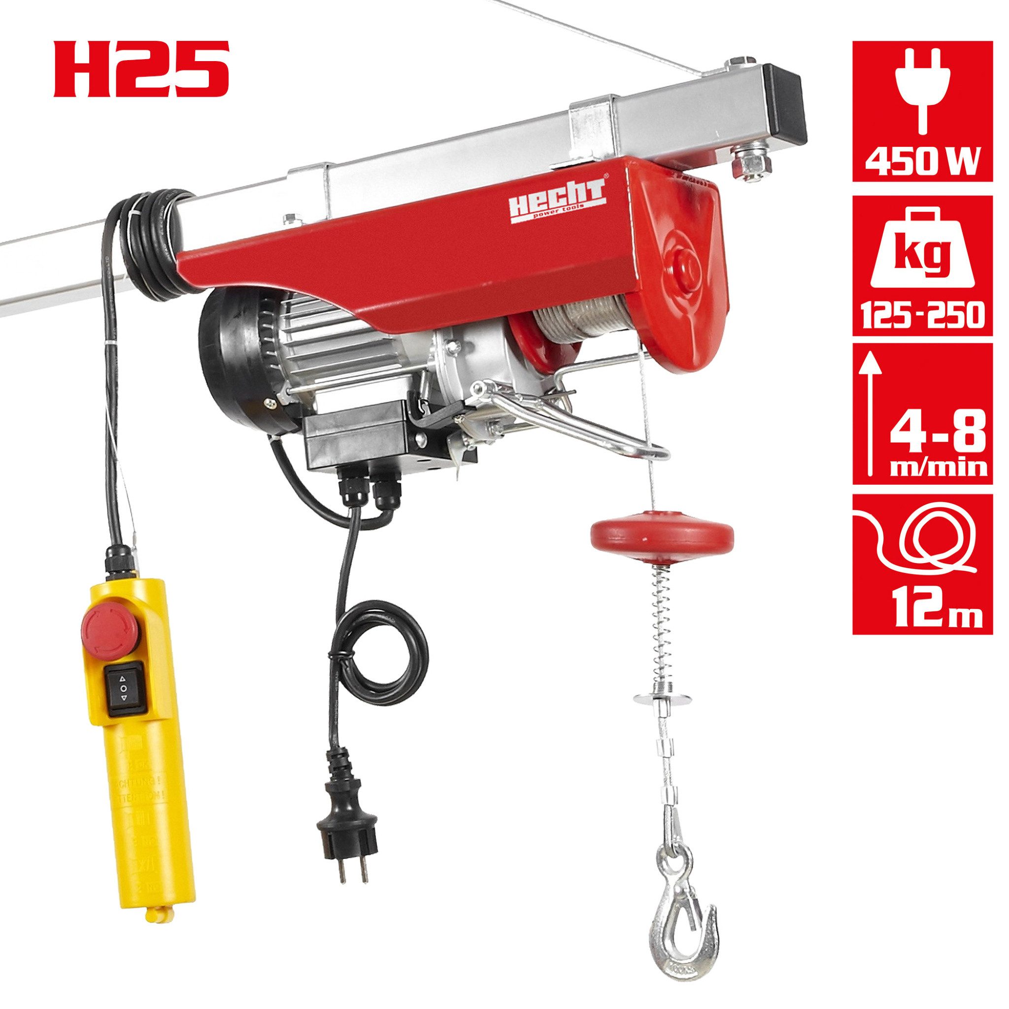 Hecht Seilwinde 125-250 kg Zugkraft, 450W, 3 mm Stahlseil, 4-8 m/min, 6-12m Hubhöhe, Not-Aus-Schalter, 1,5m Steuerkabel