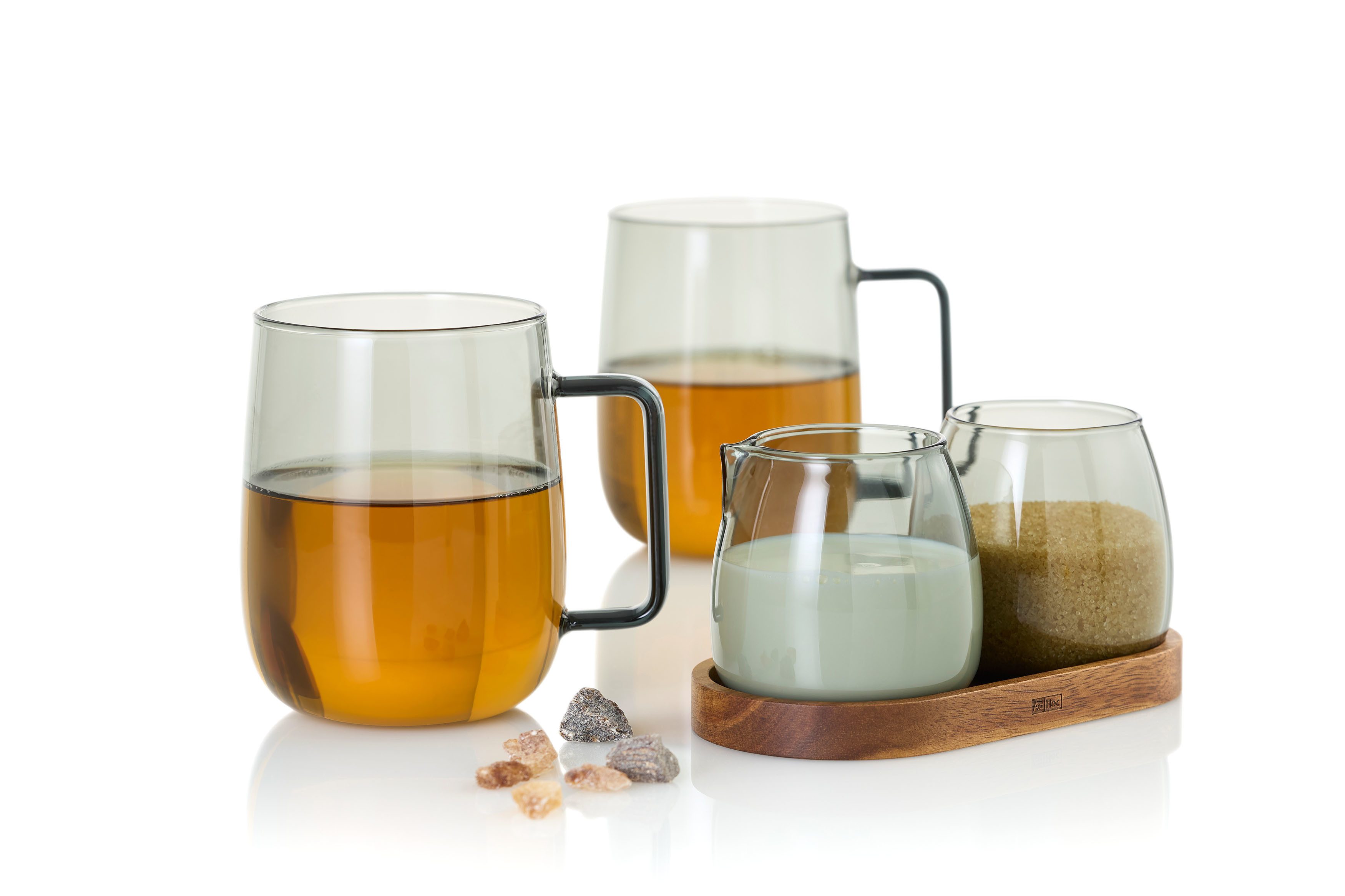AdHoc Milchkännchen und Zuckerdose Yuna im Set mit Untersetzer, 0,23 l, (3-St), Holz & Borosilikatglas, mundgeblasenes Unikat in Rauchgrau – Bild 5 von 5