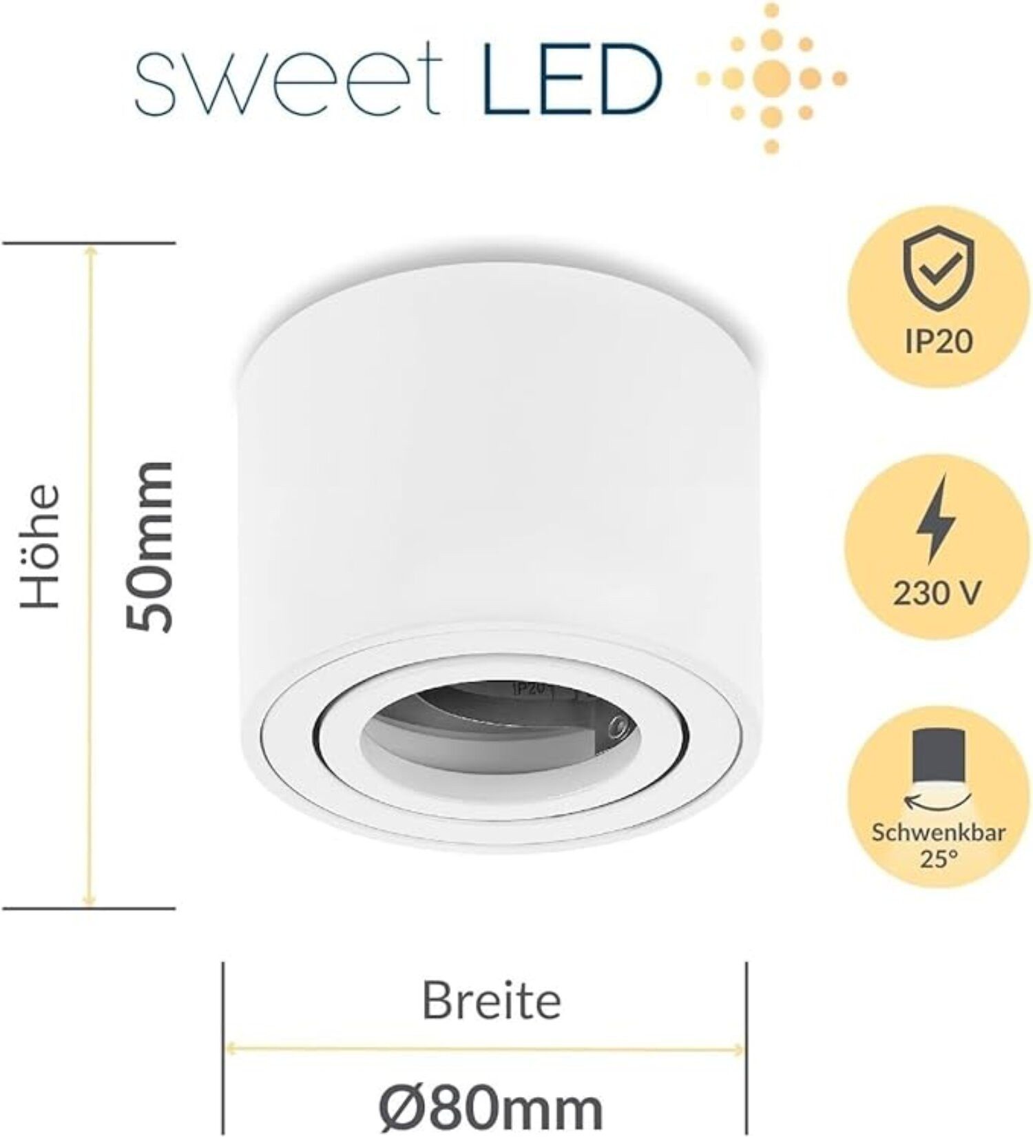 Sweet LED Aufbauleuchte Deckenspots Aufputz flach 50mm Aluminium Aufbauspots weiß matt rund, schwenkbar, ohne Leuchtmittel, Aufbaustrahler LED, Aufbauspot, Deckenstrahler
