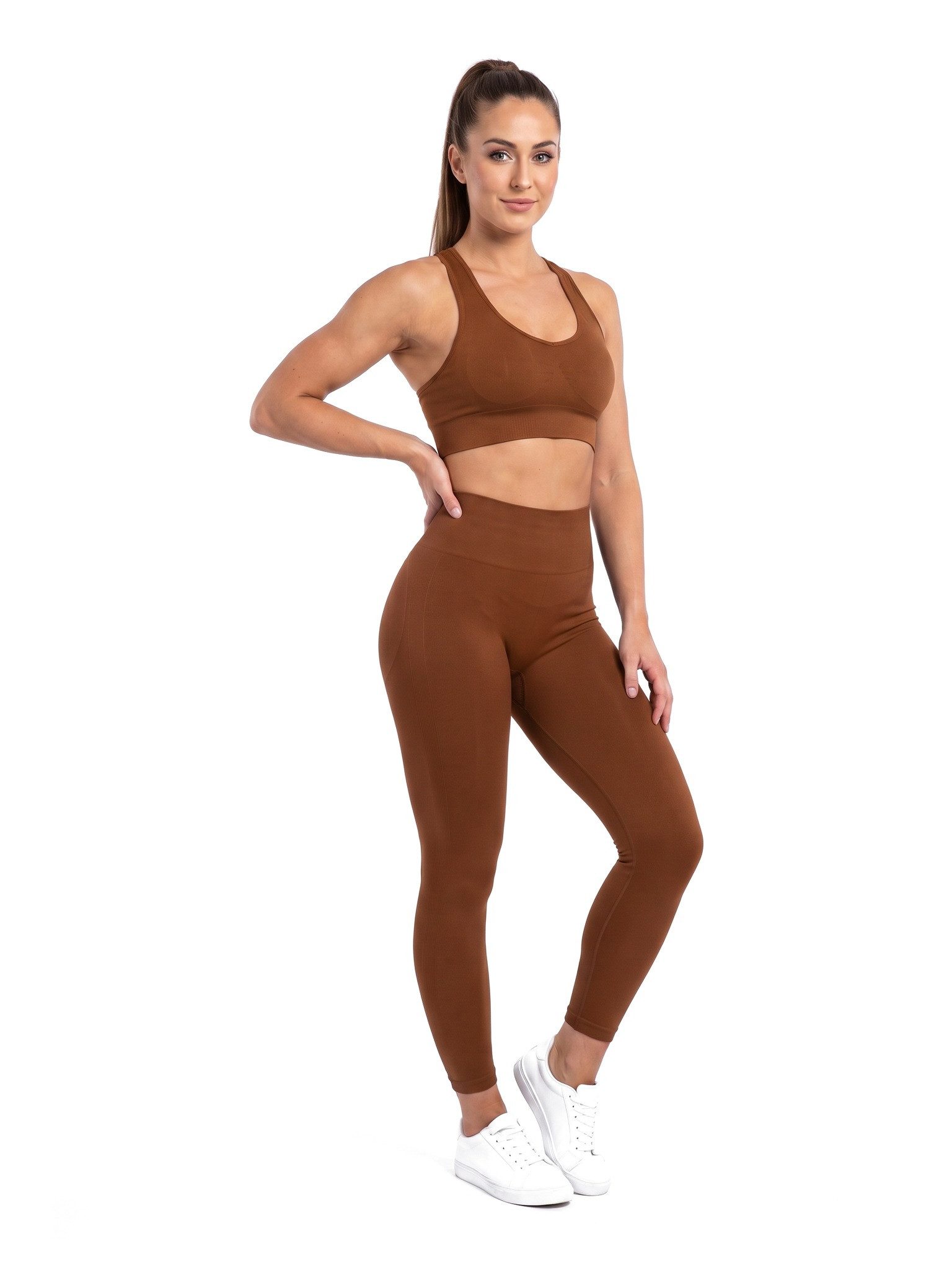 Black Snake Sportanzug Damen Seamless Gym Set mit Sport-BH-Top und High Waist Yoga Leggings (Sportset, 2-tlg., Cognac L), Blickdicht und knöchellang mit Konturlinien und Racerback ohne Bügel