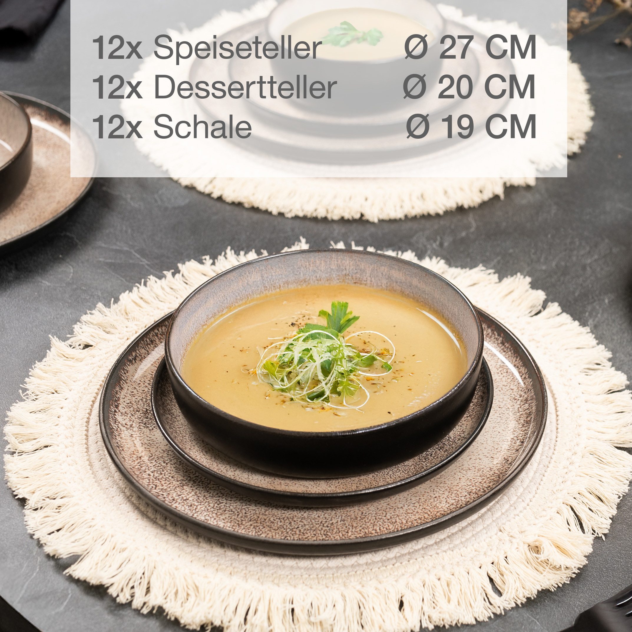 Moritz & Moritz Tafelservice Geschirr Set VIDA für 12 Personen Beige (36-tlg), 12 Personen, Porzellan, Kombigeschirr für 12 Personen