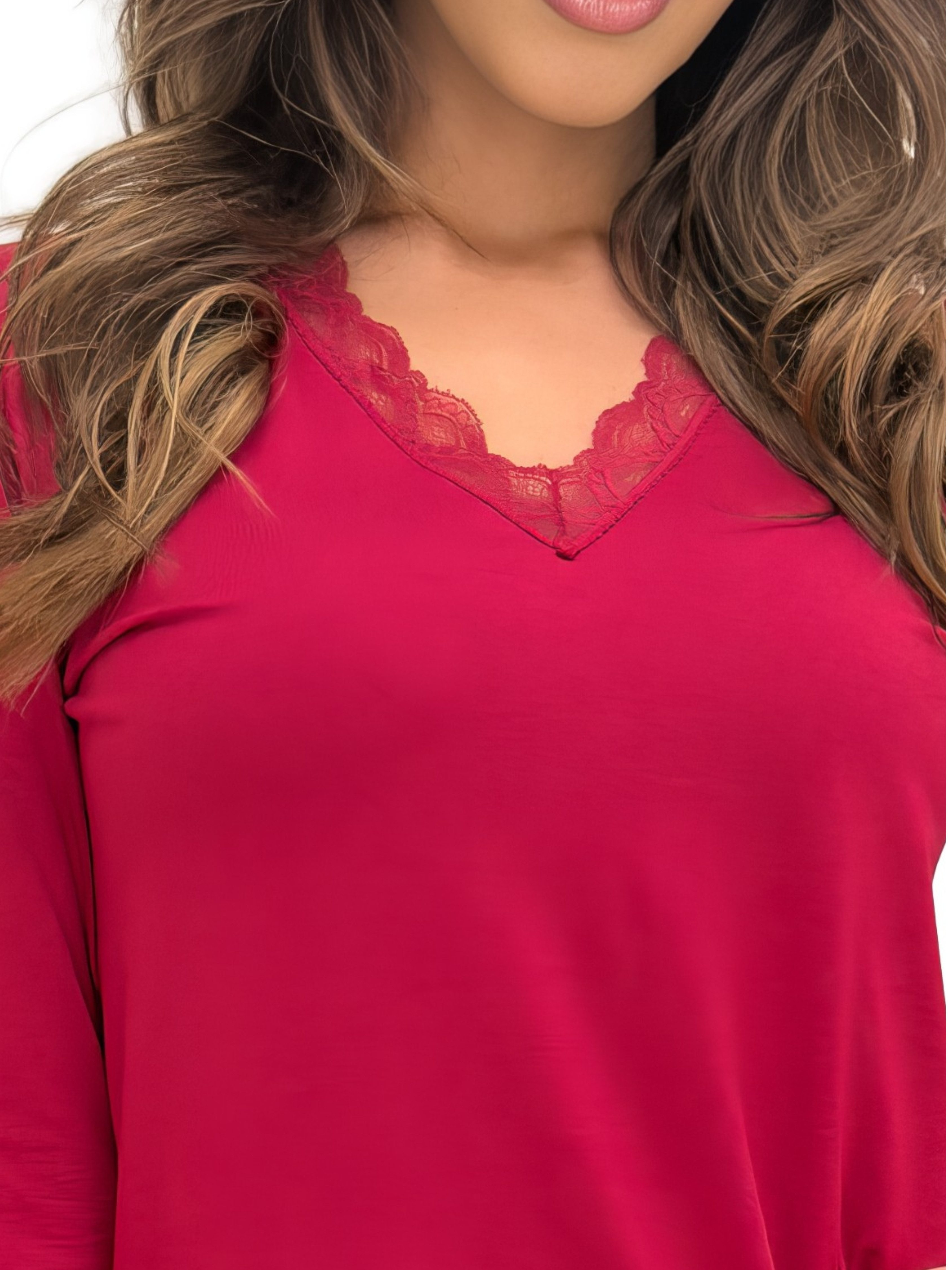 Donna Pyjama langer Damen Schlafanzug (2 tlg) mit Spitze, Langarm-Shirt & floraler Hose, edler Jersey in Rot – Bild 5 von 5