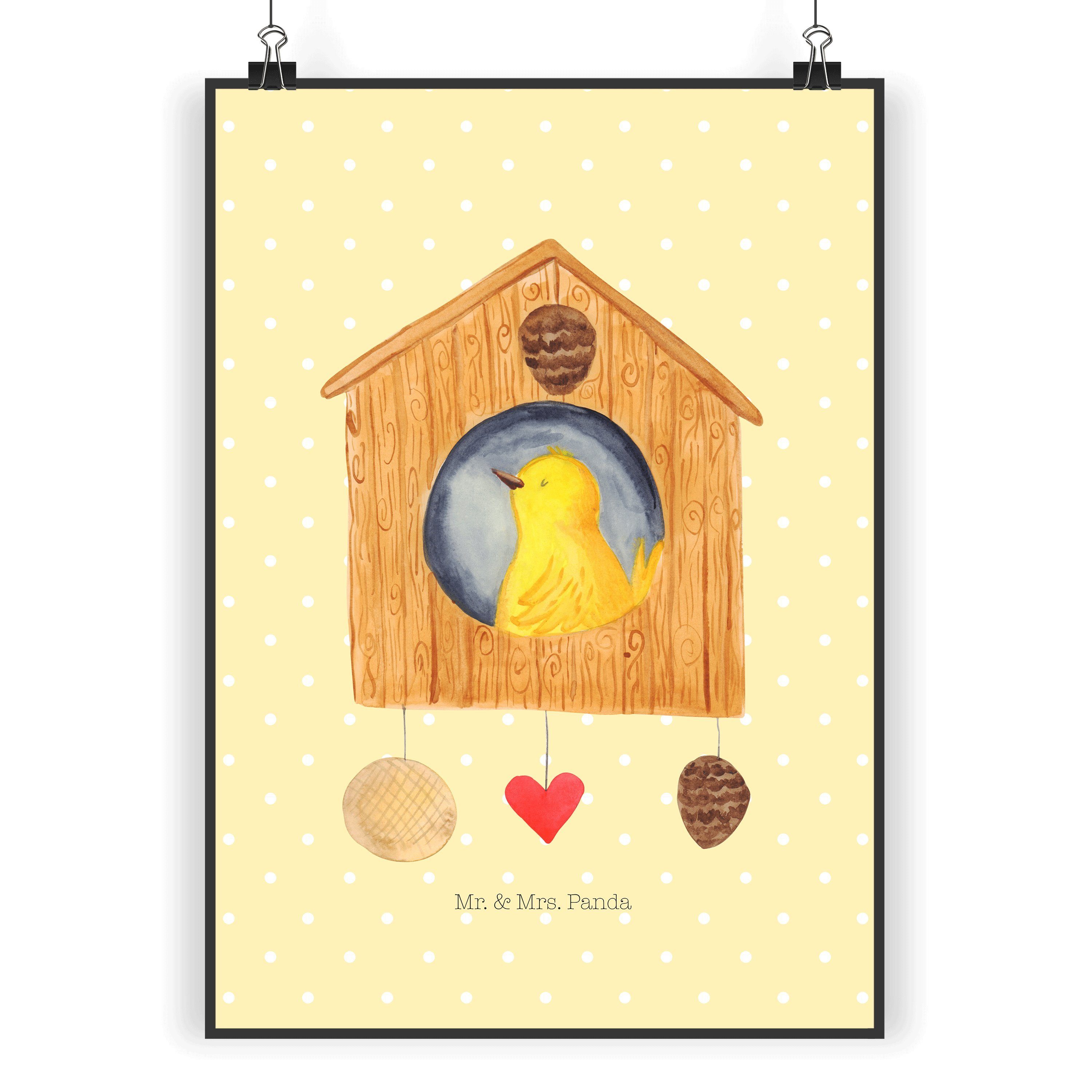 Mr. & Mrs. Panda Poster DIN A5 Vogel Haus - Gelb Pastell - Geschenk, Tiere, Wandposter, Küche, Vogelhaus (1 St), Lebendige Farben