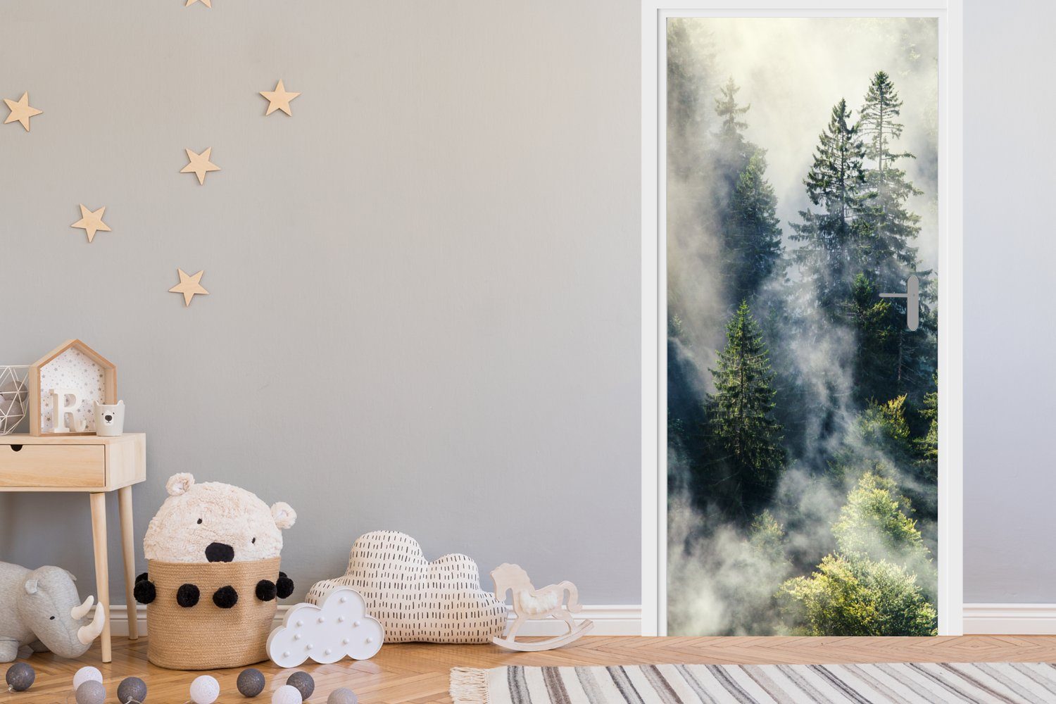 MuchoWow Türtapete Nebelschwaden ziehen durch den Schwarzwald, Matt, bedruckt, (1 St), Selbstklebende Tapete, Folie für Möbel, 75x205 cm