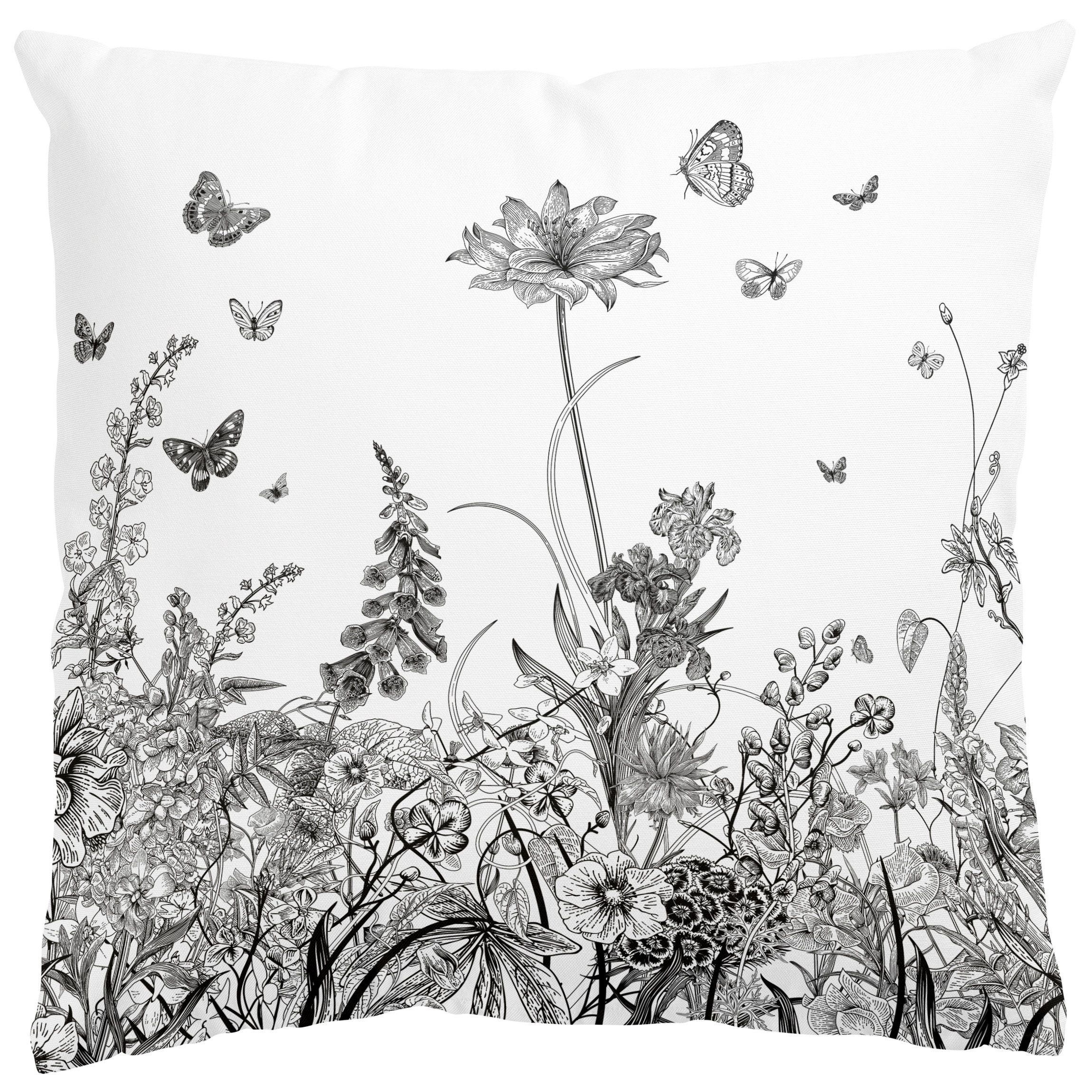 Bilderdepot24 Dekokissen drinnen / draußen Kissenhülle schwarz weiss Blumen Landhaus, Bezug mit / ohne Füllung Zierkissen Outdoor Sofa Bett