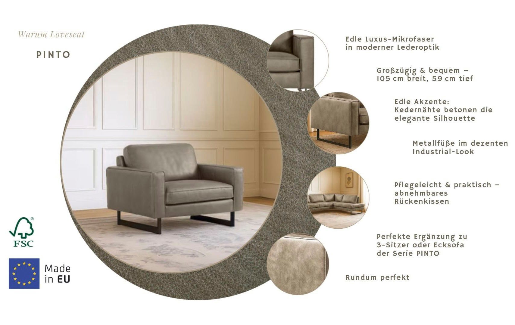 Home affaire Loveseat Pinto 105 cm, Cord, Chenille, Lederoptik, mit Keder, Metallfüßen und auch in Cord Bezug erhältlich