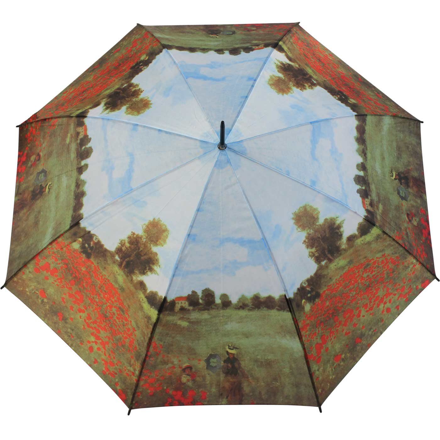 für RAIN Mohnblumenfeld Damen, Langregenschirm Regenschirm mit Monet großer Künstlermotiv Motiv HAPPY