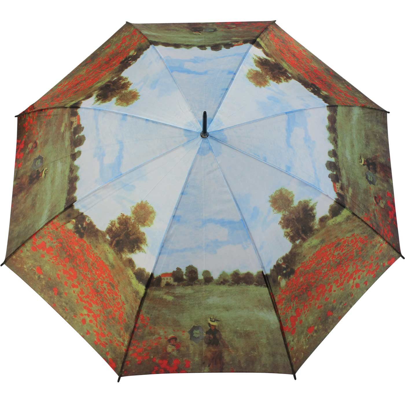 HAPPY RAIN Stockregenschirm großer Regenschirm mit Künstlermotiv für Damen, Motiv Monet Mohnblumenfeld