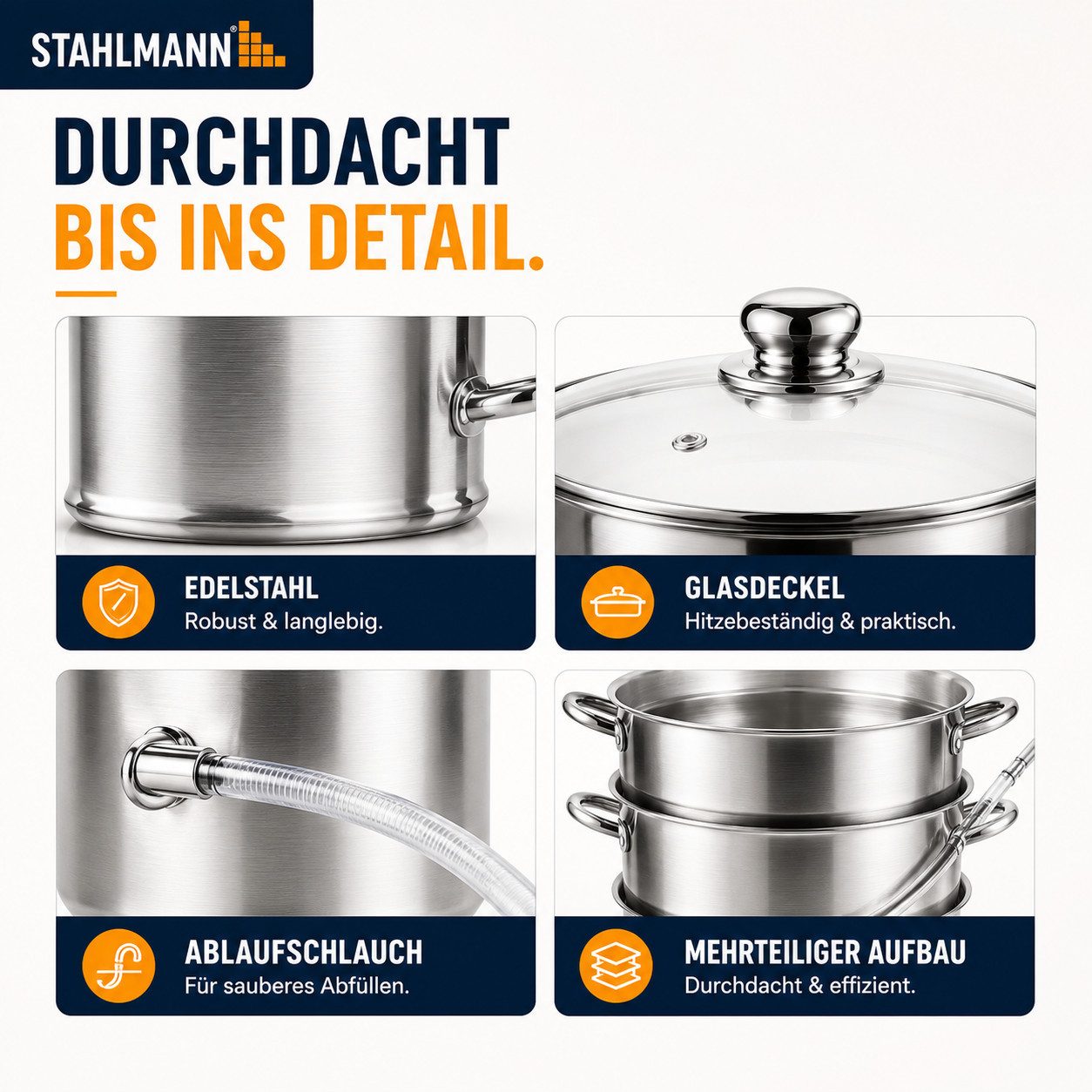 STAHLMANN Entsafter Dampfentsafter [8 L] Entsafter Obst und Gemüse Edelstahl Induktion, 8 L · Edelstahl · Für Induktion · Glasdeckel · 4-teilig – Bild 2 von 5