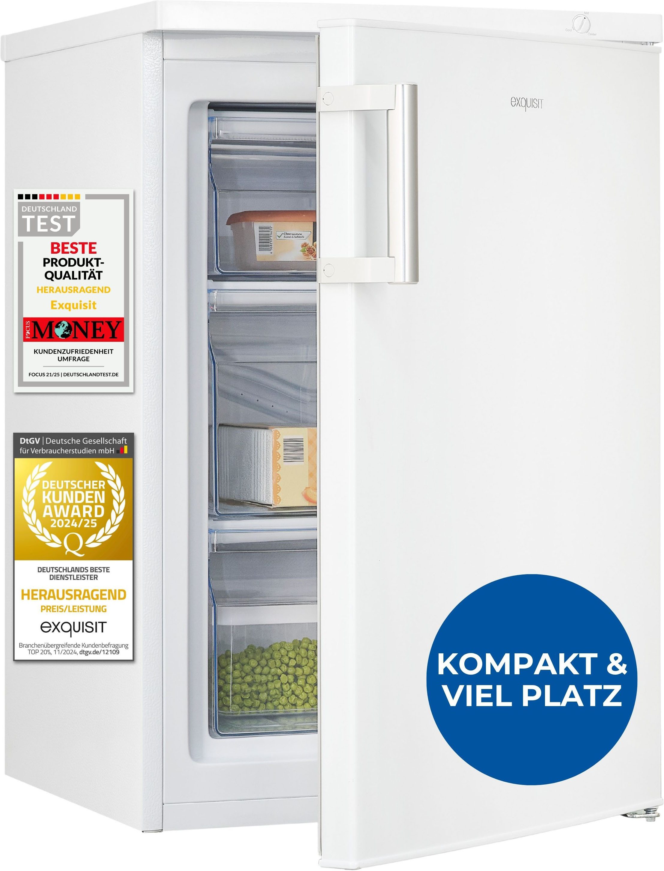 exquisit Gefrierschrank GS81-H-010C weiss, 84,5 cm hoch, 56 cm breit, Türgriff für Komfort, flexible Gefrierschubladen für mehr Ordnung