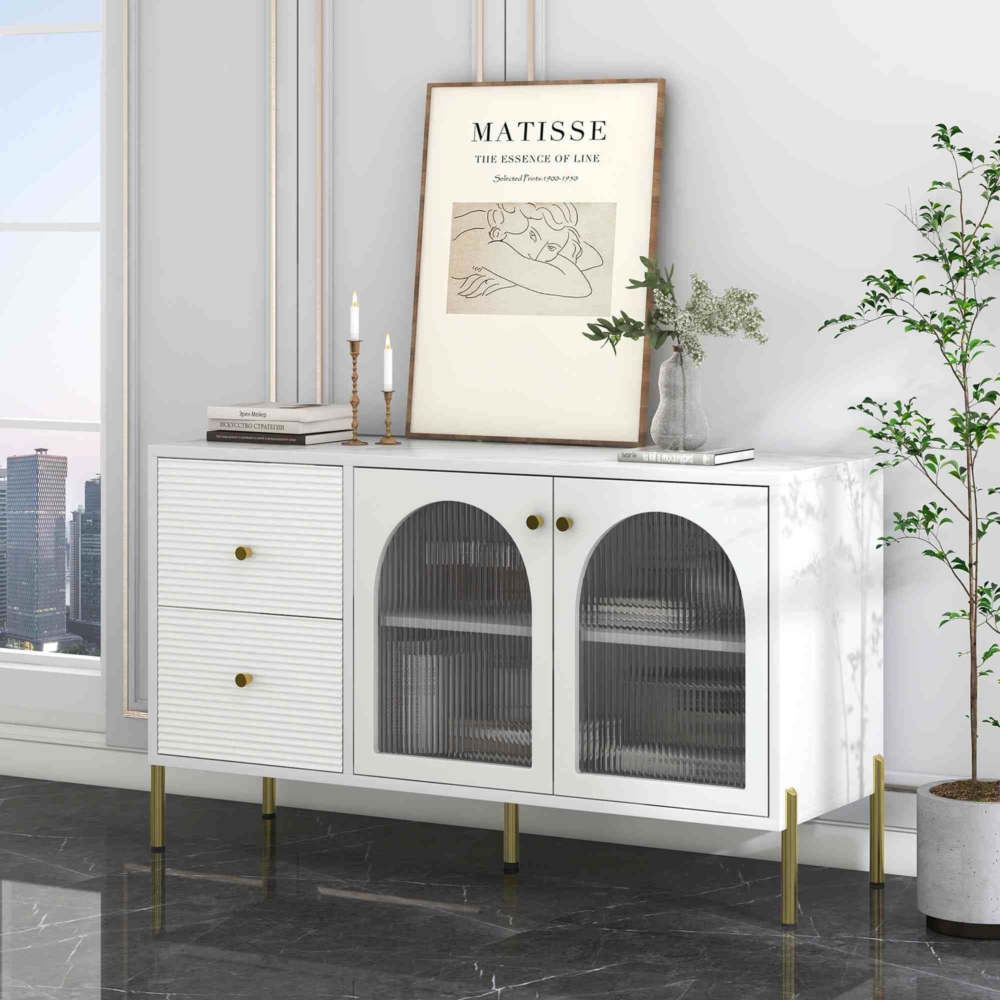BlingBin Sideboard 120 cm langes weiß-goldenes Schrank (1 St., Schrank mit Glastüren), verstellbaren Regalen, Marmorplatte, 2 Türen, 2 Schubladen