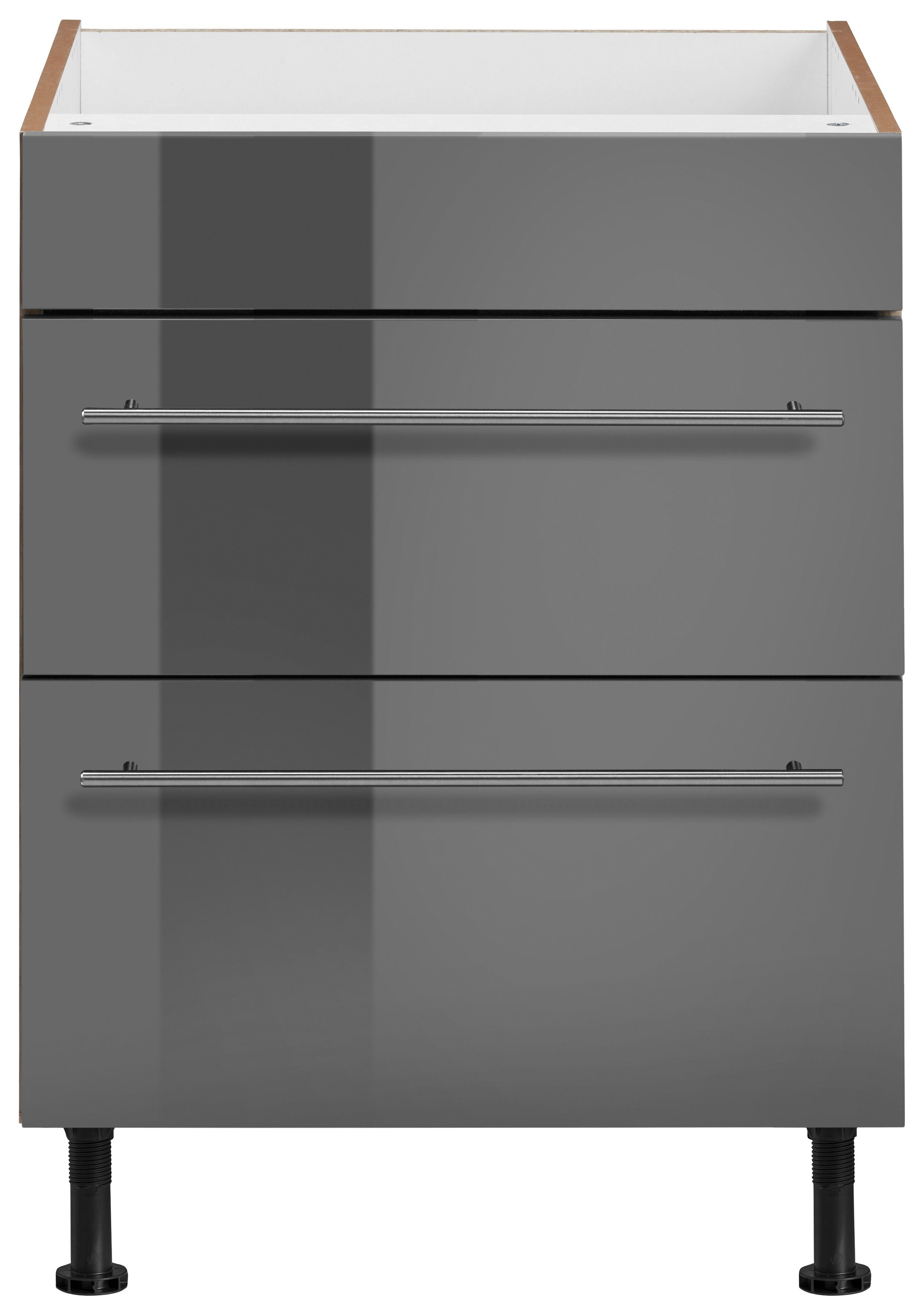 OPTIFIT mit 2 akaziefarben Kochfeldumbauschrank Bern Auszügen, | cm 60 grau Hochglanz/akaziefarben Füße breit, mit höhenverstellbare