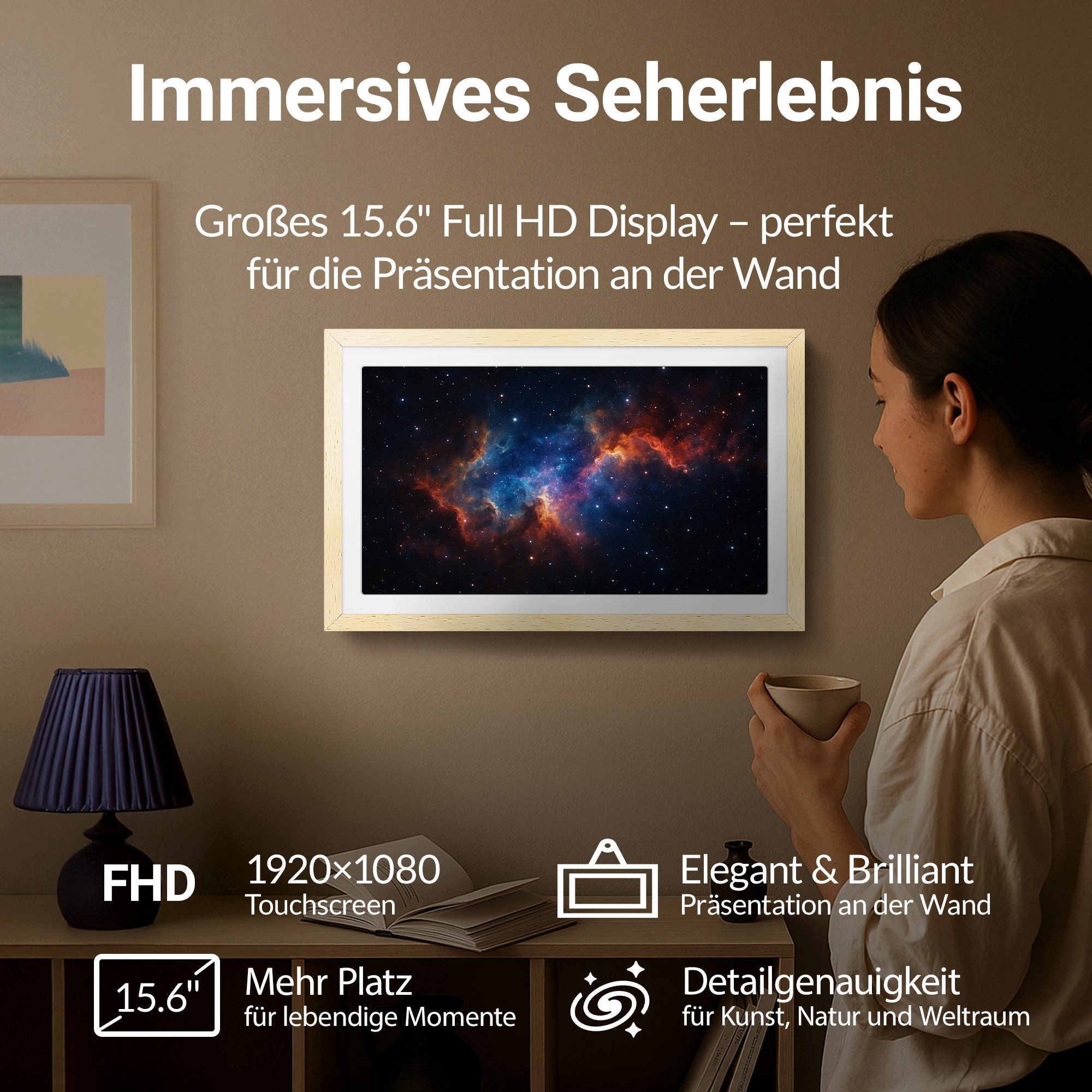 Xoro CPF 15PF - Digitaler WLAN Bilderrahmen in Buchenholz Digitaler Bilderrahmen (38,1 cm/15 ", 1920 × 1080 Pixel, 32 GB, Wetter‑/Uhrfunktion, Lautsprecher und vielseitige Medienformate)