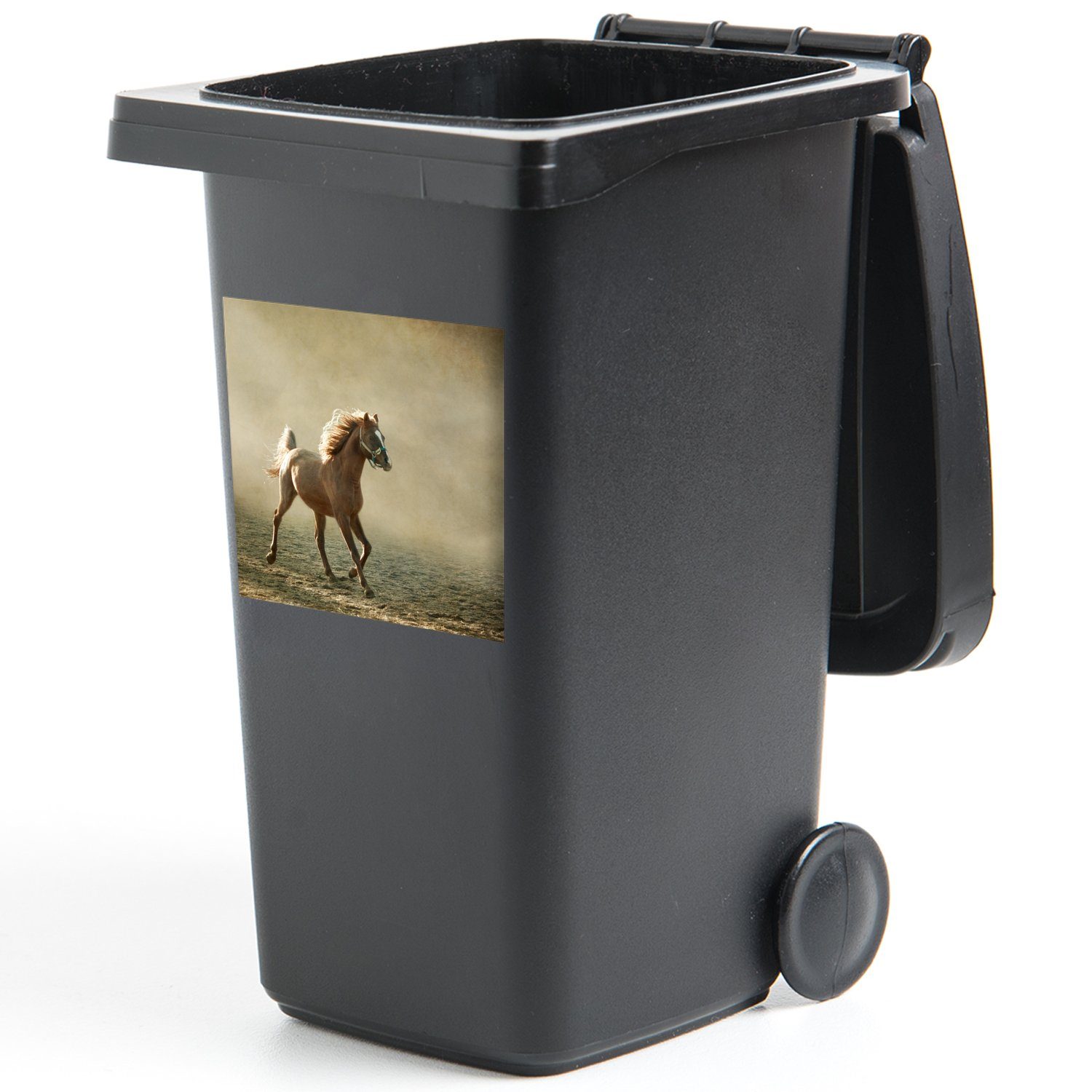 Nebel Sticker, St), - Mülltonne, Pferd Sand (1 Mülleimer-aufkleber, - Container, MuchoWow Abfalbehälter Wandsticker