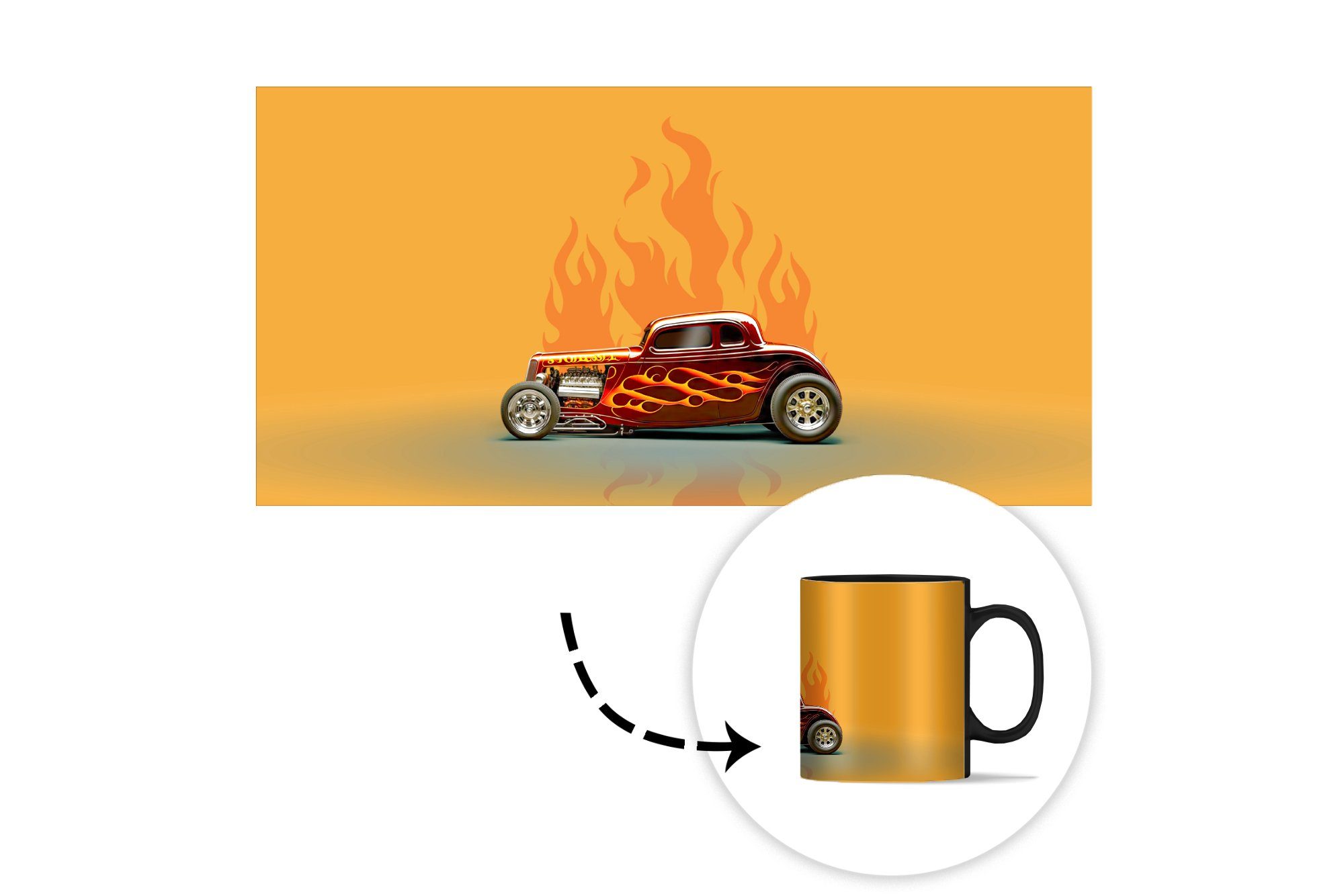 Flammen Auto Geschenk Vintage, Farbwechsel, MuchoWow Tasse Keramik, Rot - Zaubertasse, - - Kaffeetassen, Teetasse,