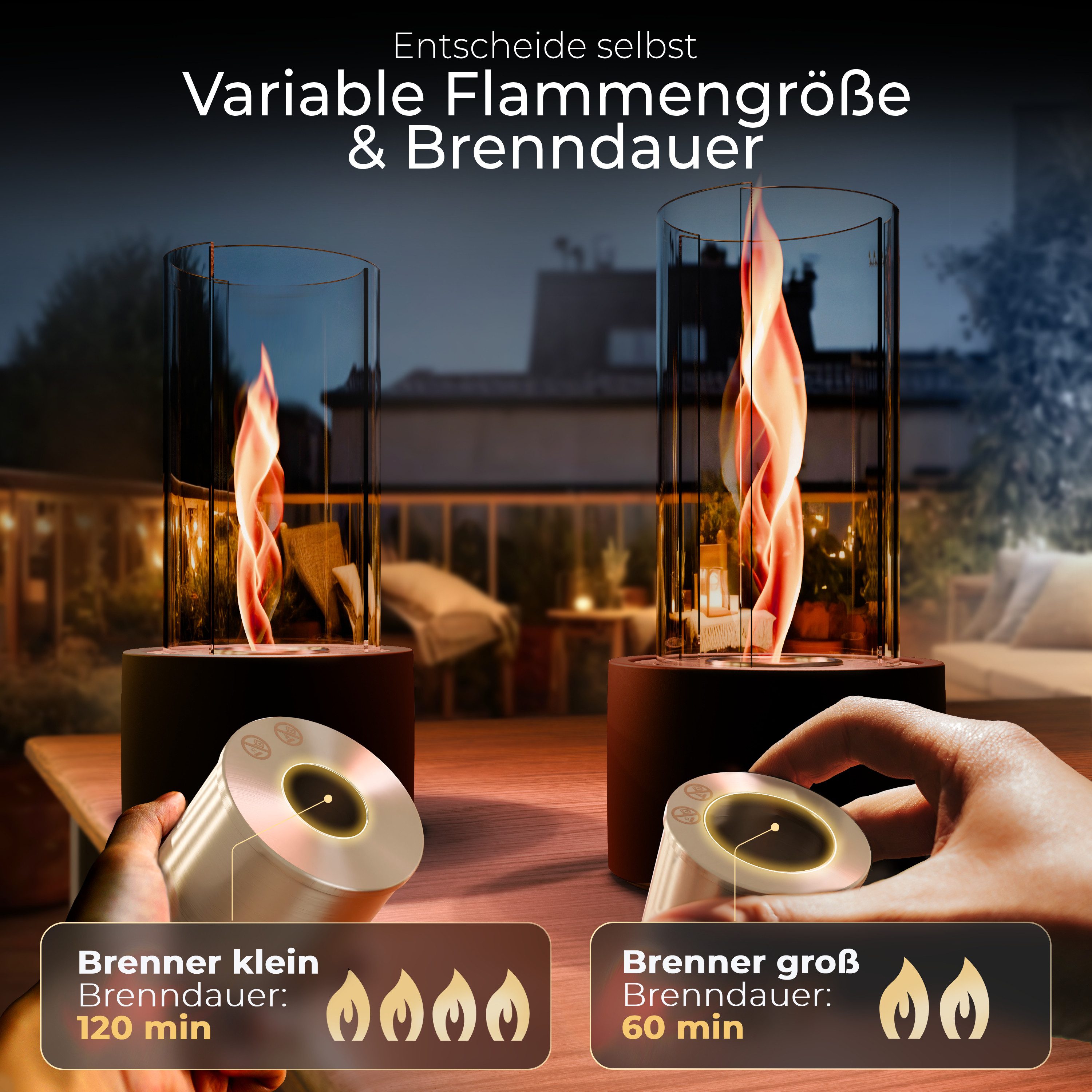 FIRELL Tischfeuer Ethanol Tischkamin Indoor & Outdoor Echtfeuer-Dekokamin (aus massivem Beton, Komplett-Set), Verstellbare Flamme, 2h Brenndauer, Patentierte Wirbelflamme, TÜV geprüft