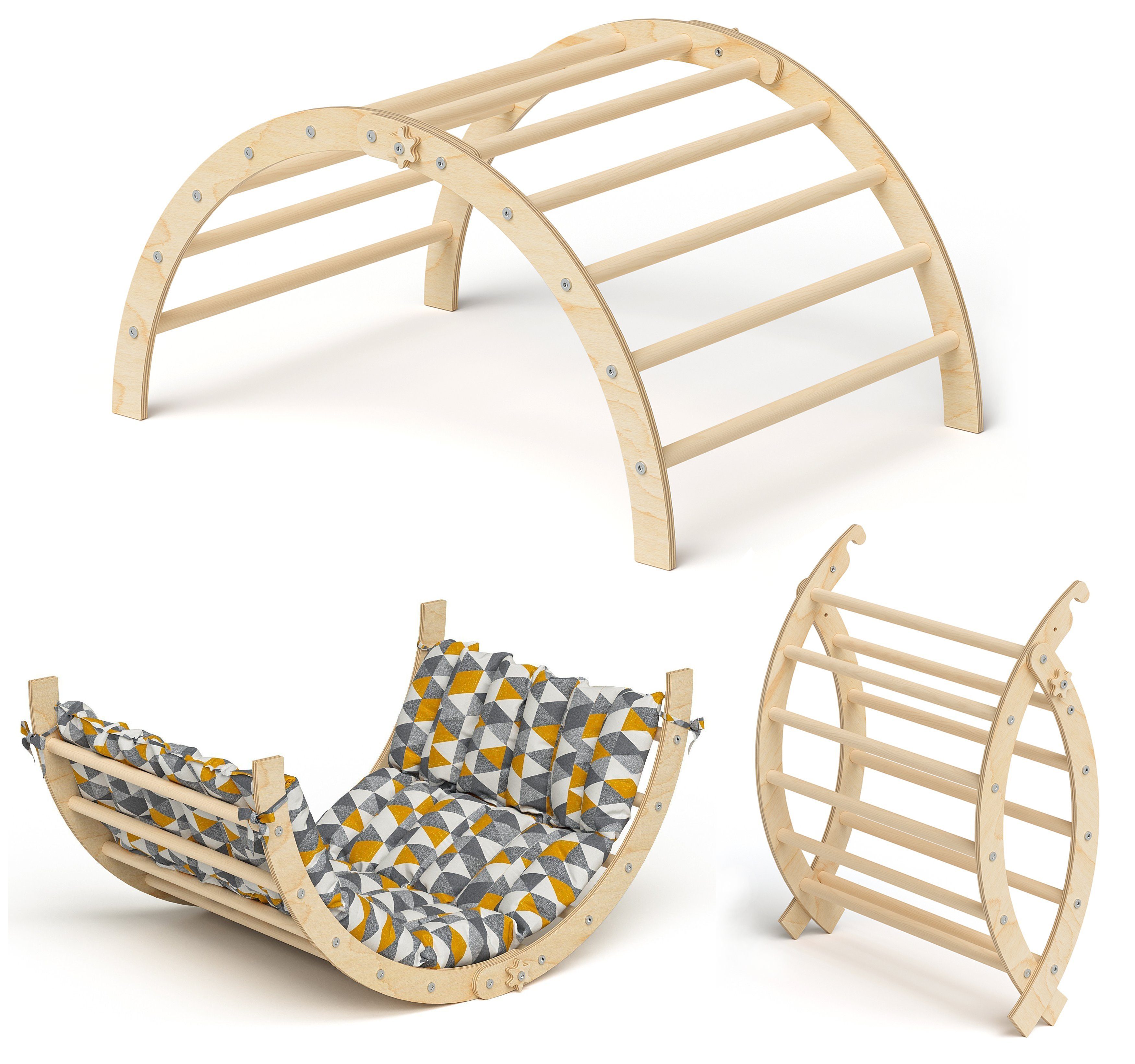 Bellabino Klettergerüst Ruki 2-in-1 Kletterbogen und Wippe, (mit Matratze "Dreiecke", Buche Massivholz, natur lackiert), Kletterspielzeug ab 3 Jahren, zusammenklappbar, bis 50 kg