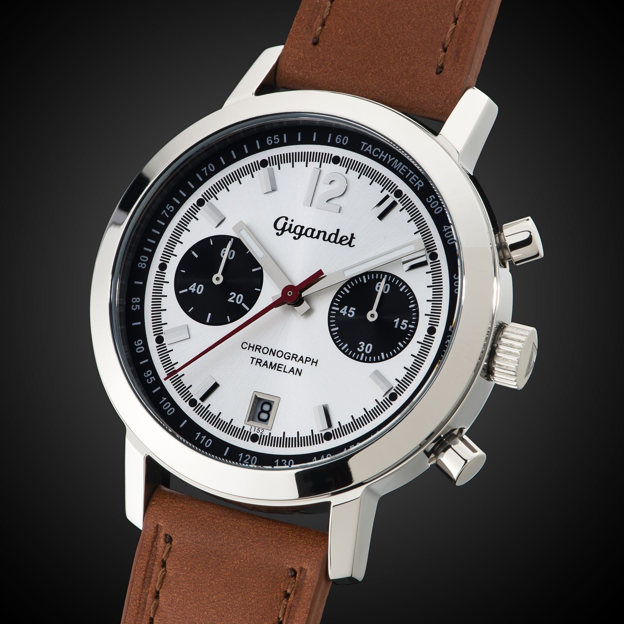 Gigandet Chronograph Armbanduhr, Herrenuhr, Sportuhr, 43mm, TRAMELAN G10-004, Mineralglas, Datumsanzeige, Lederband, 10bar/100m wasserdicht