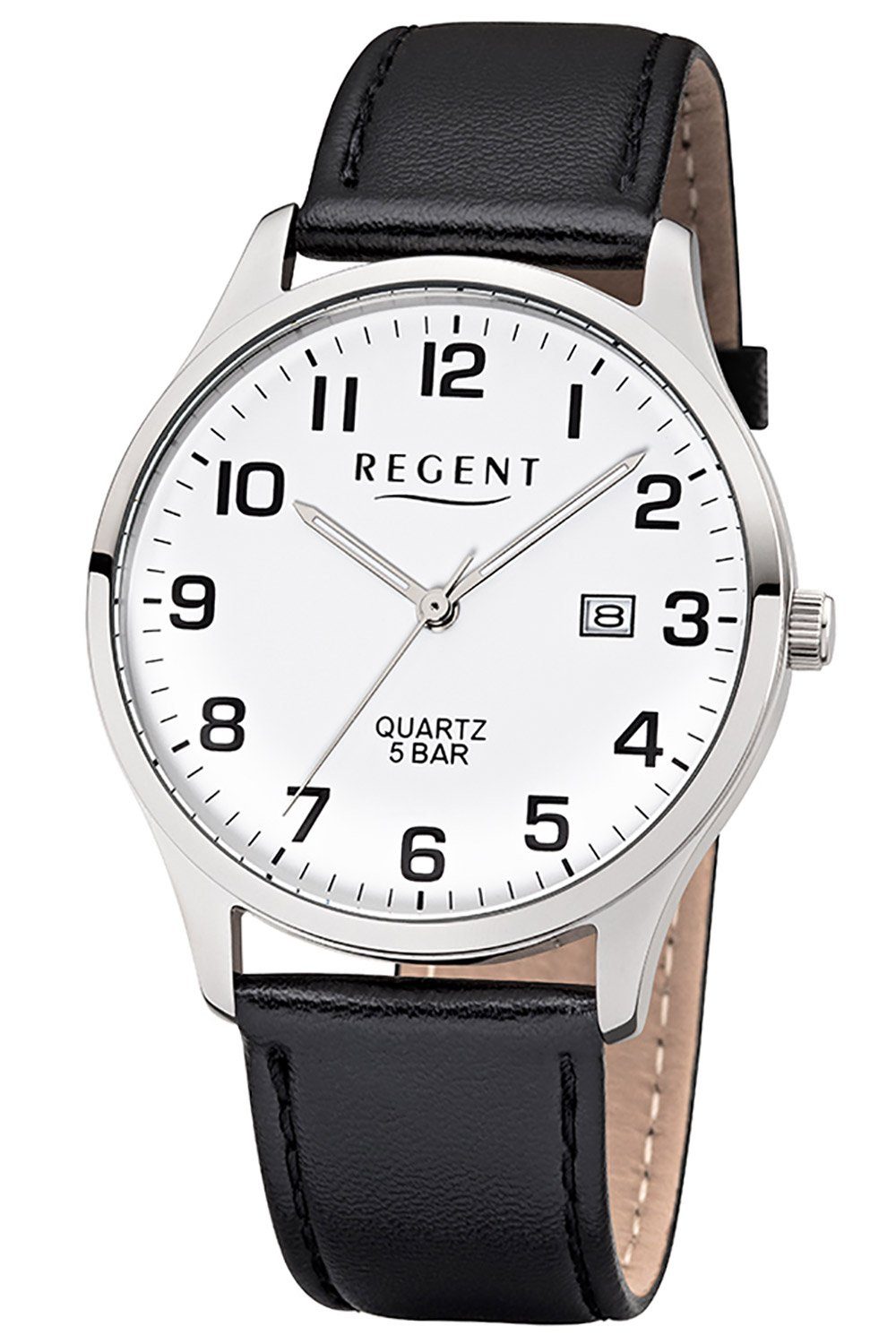 Regent Quarzuhr Regent Herren-Armbanduhr schwarz Analog, Herren Armbanduhr  rund, groß (ca. 40mm), Lederarmband