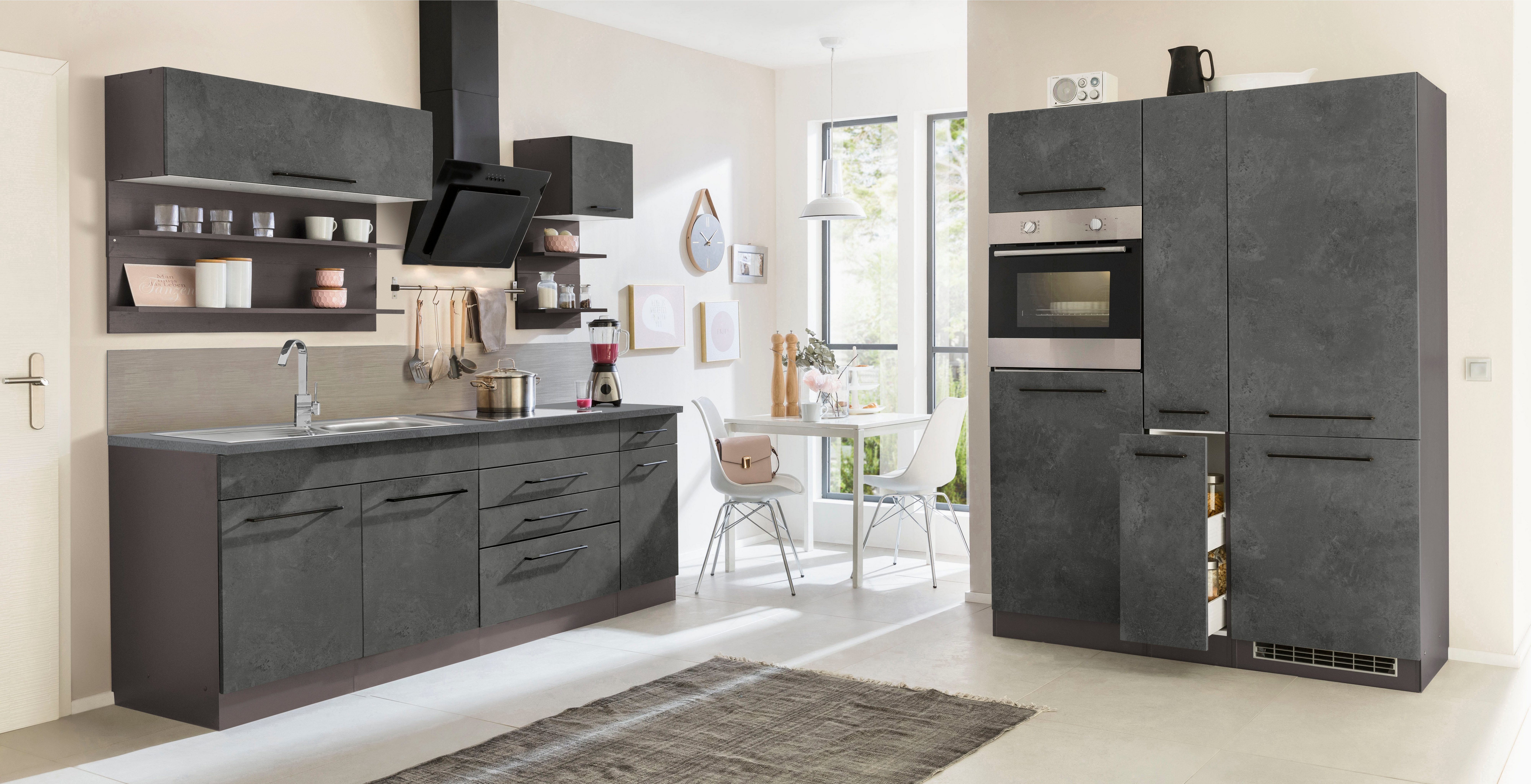 KOCHSTATION Küchenzeile KS-Tulsa, ohne E-Geräte, Breite 380 cm, schwarze Metallgriffe, MDF Fronten