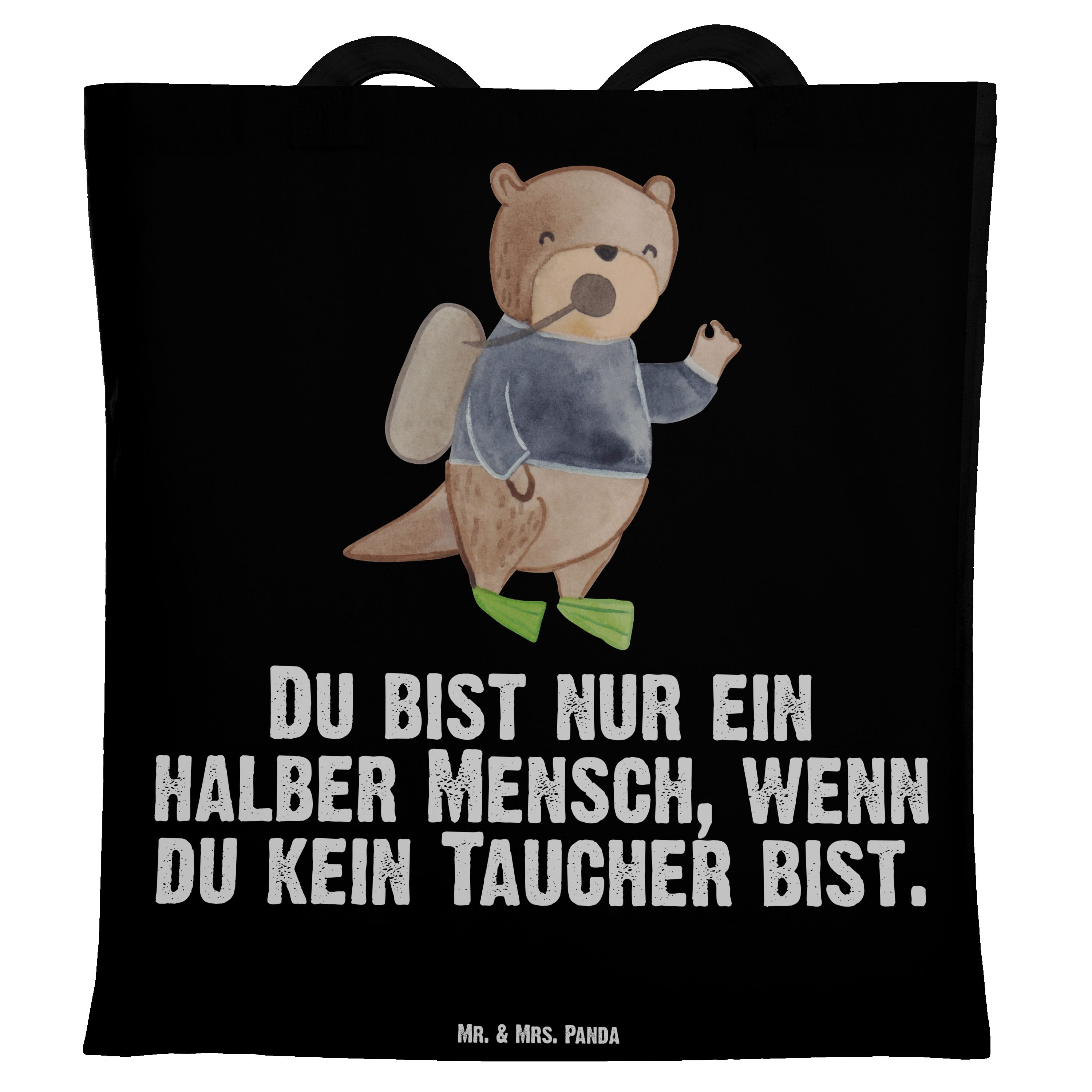 (1-tlg) Schwarz Taucher Panda - Beuteltasche, mit Herz - Tragetasche & Beutel, Geschenk, Mr. Kollege, Mrs.