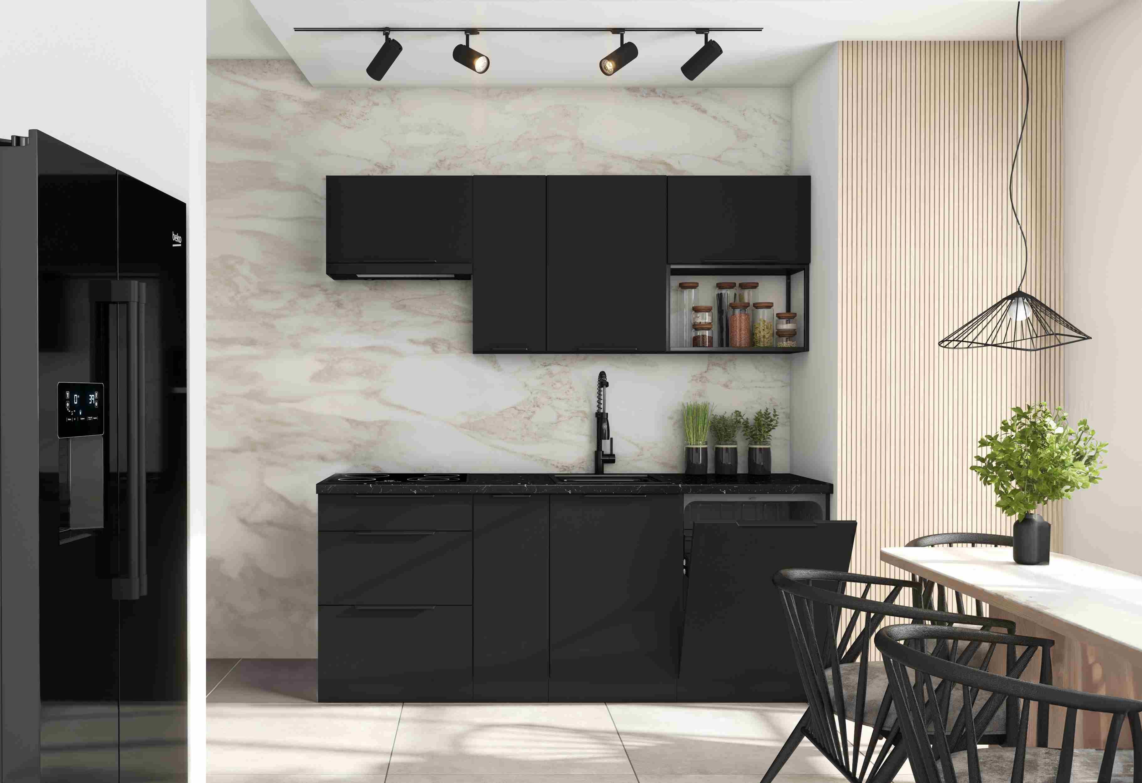 Furnix Küchenzeile Linares 200 cm Einbau-Küche kompakt mit Hängeschränken Schwarz, 5 Hängeschränke, 4 Unterschränke, 200x85,8x60 cm, zeitlos & langlebig